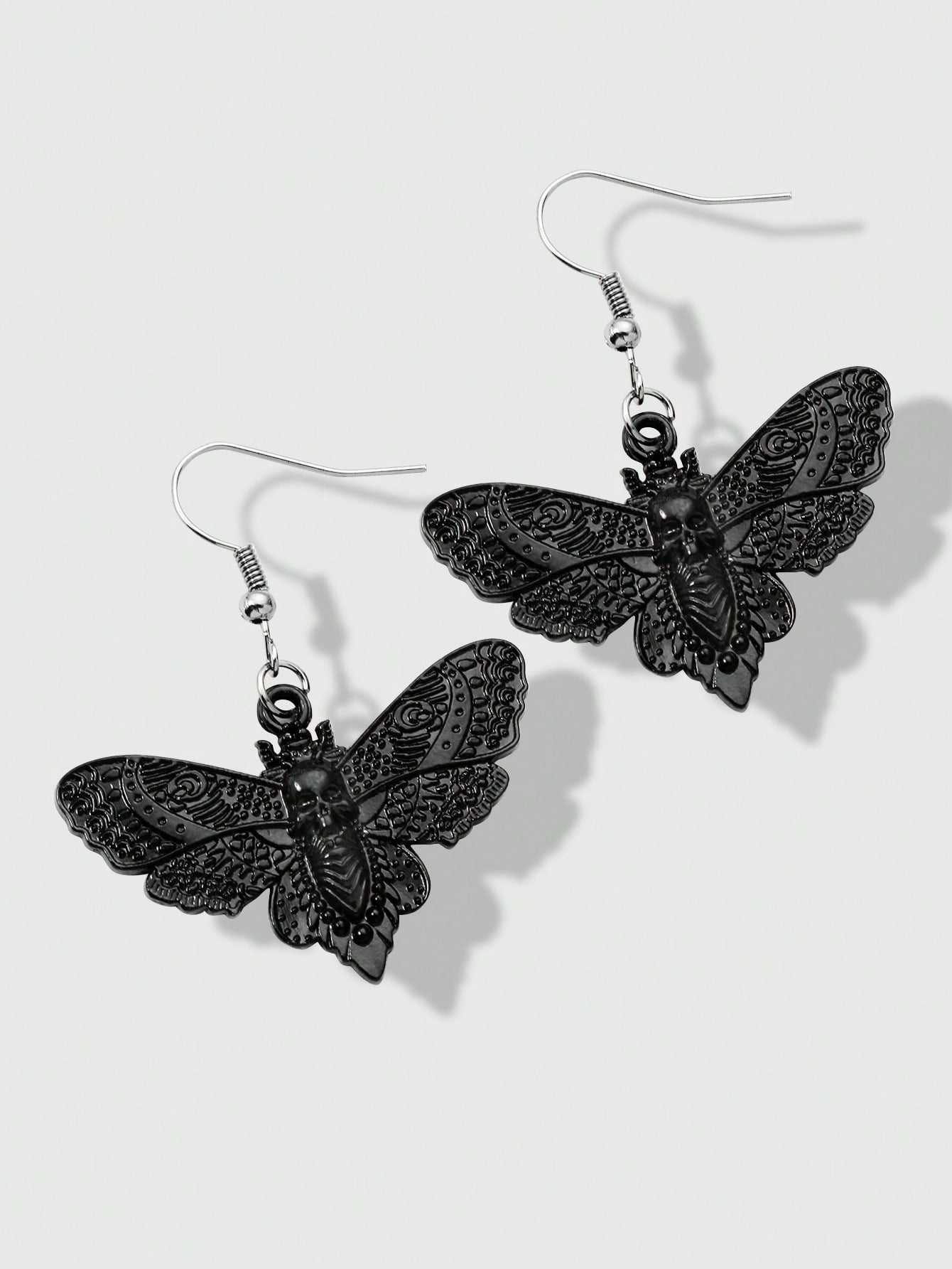 Gothic Black Moth & Skull Head Earrings