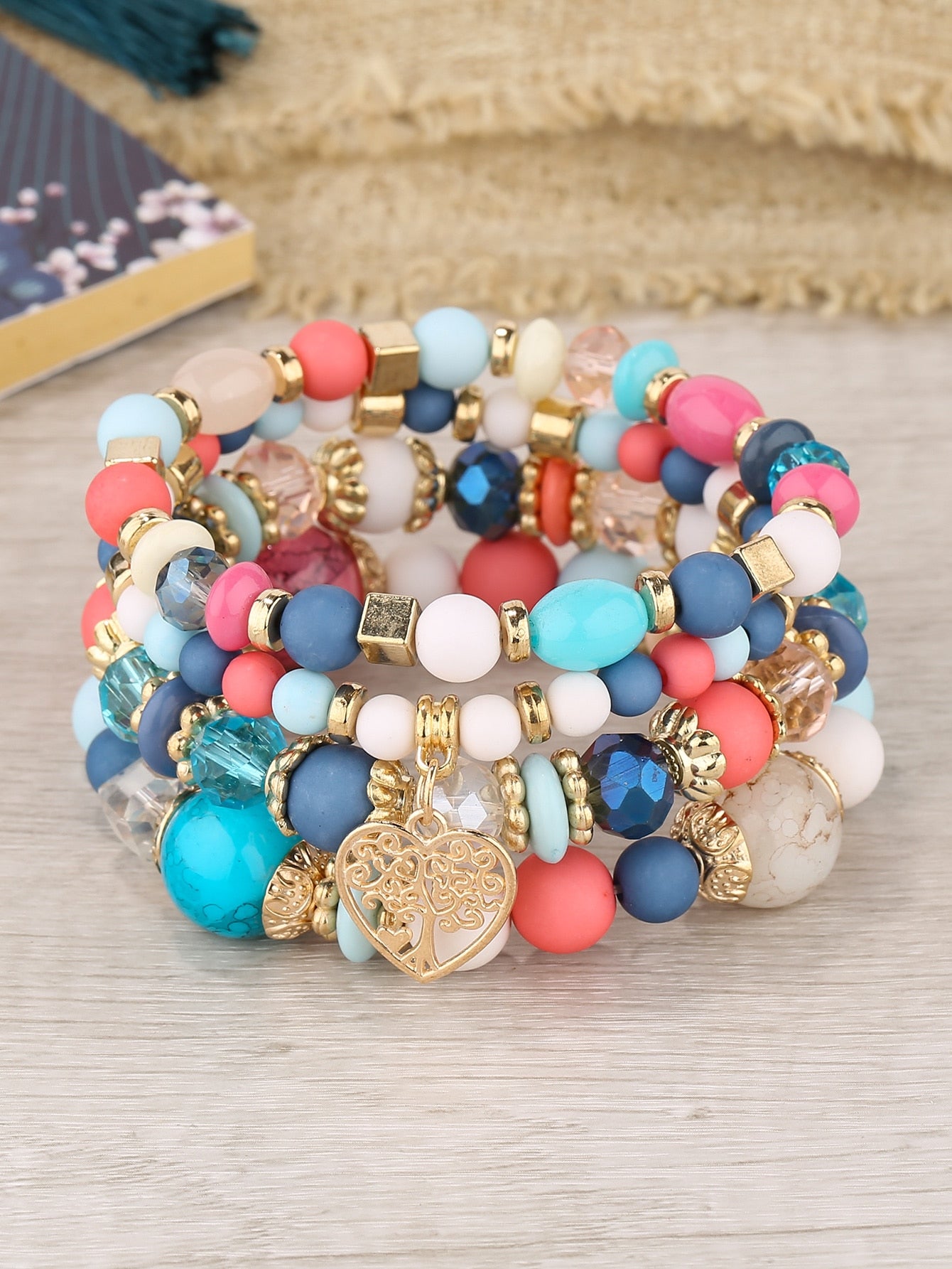 4 Piece Vintage Heart Shaped Pendant Bracelets set