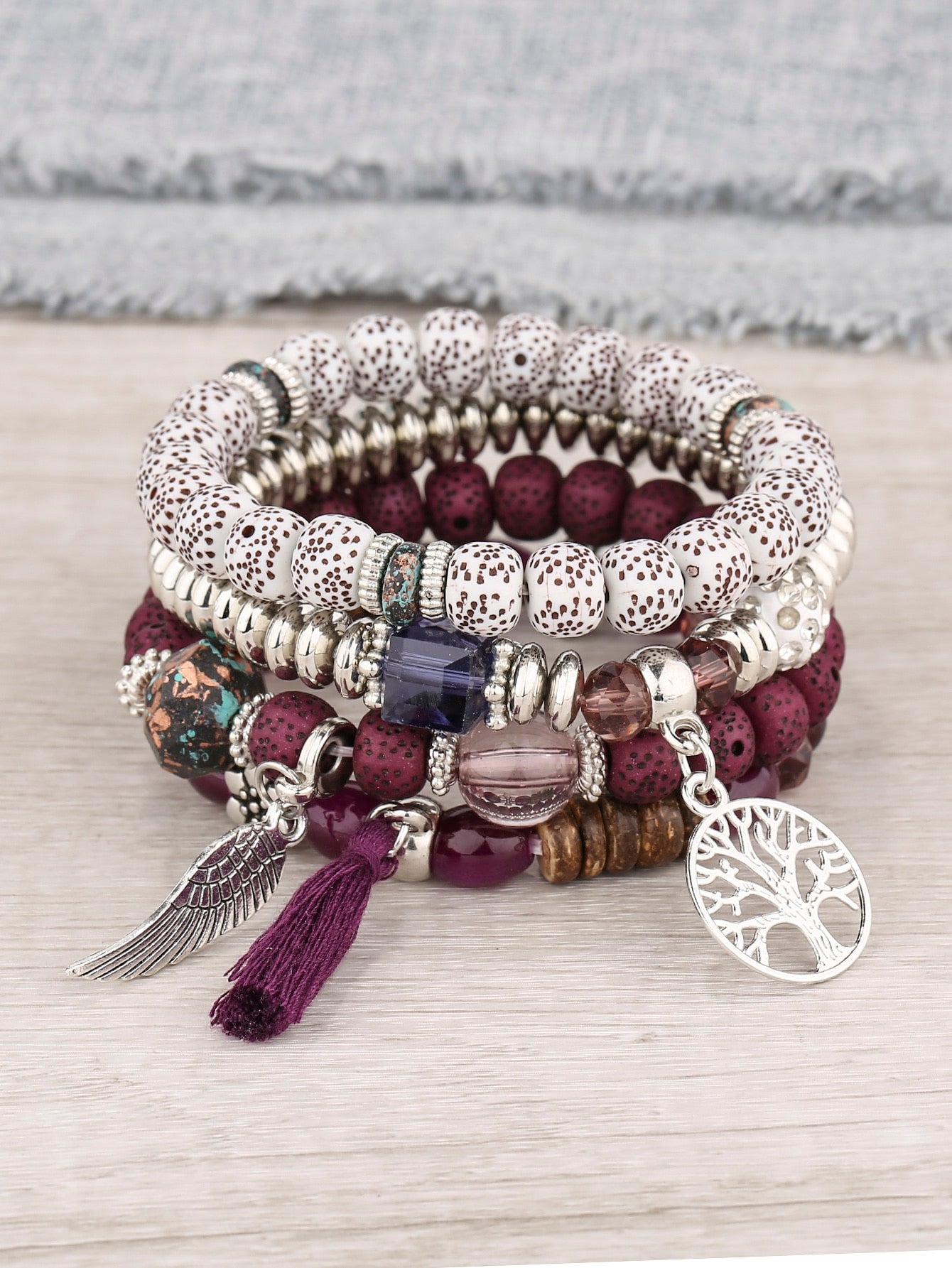 4 Piece Tree & Tassel Charm Beaded Bracelet
