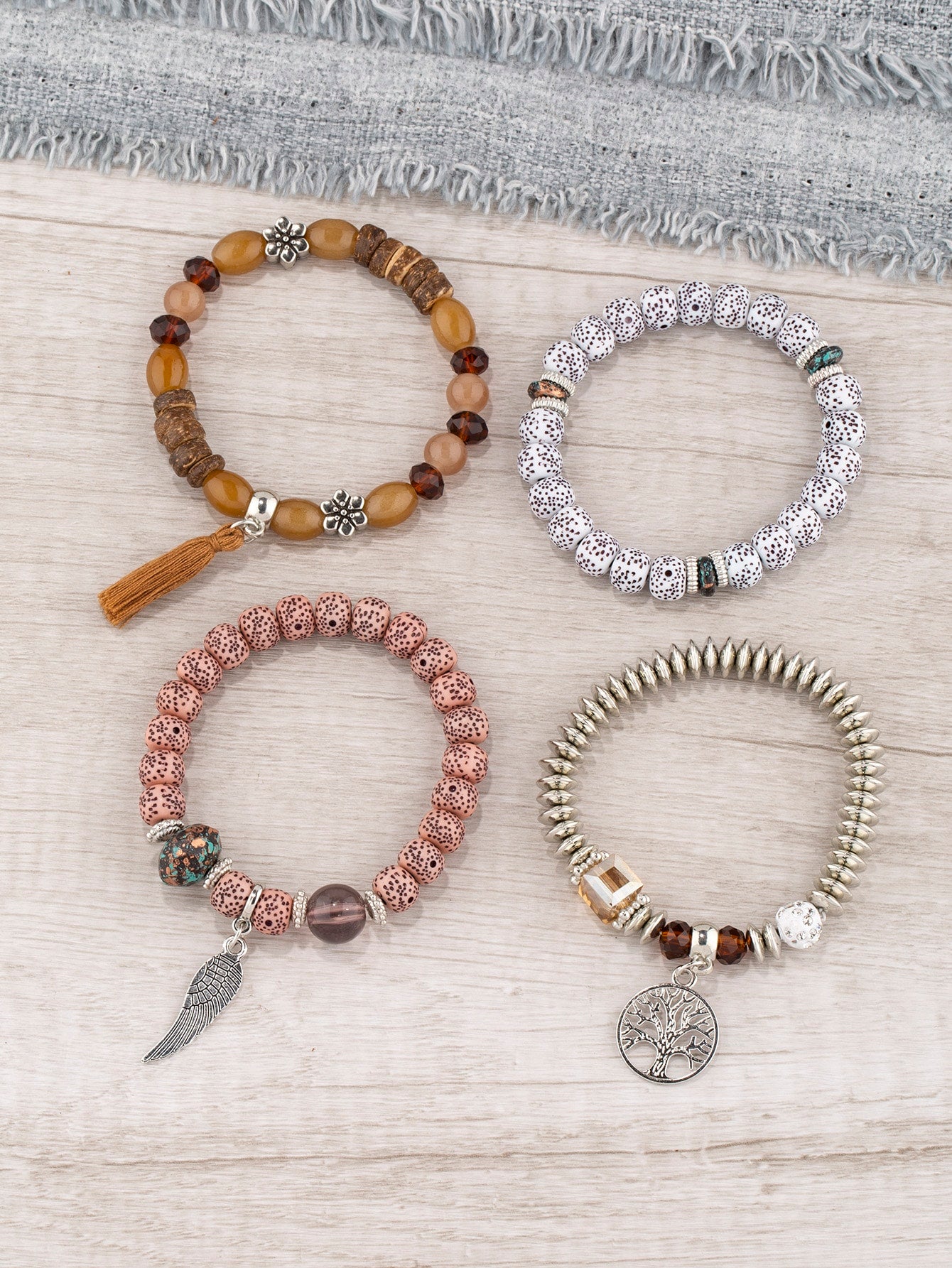 4 Piece Tree & Tassel Charm Beaded Bracelet