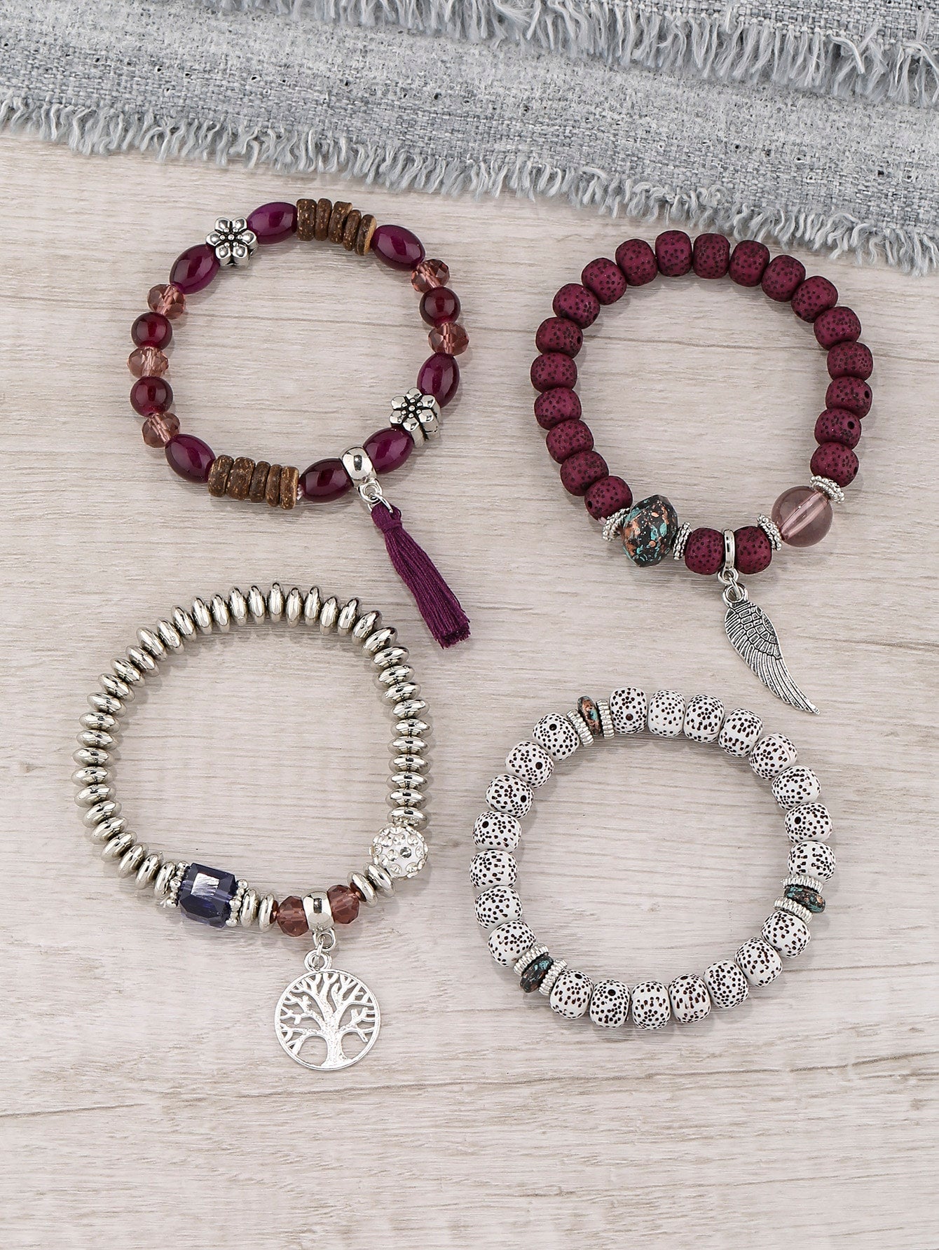 4 Piece Tree & Tassel Charm Beaded Bracelet