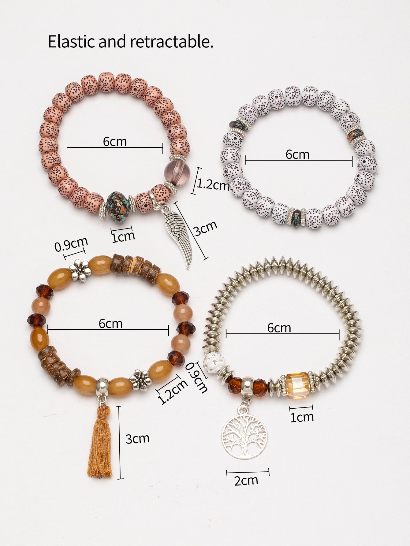 4 Piece Tree & Tassel Charm Beaded Bracelet