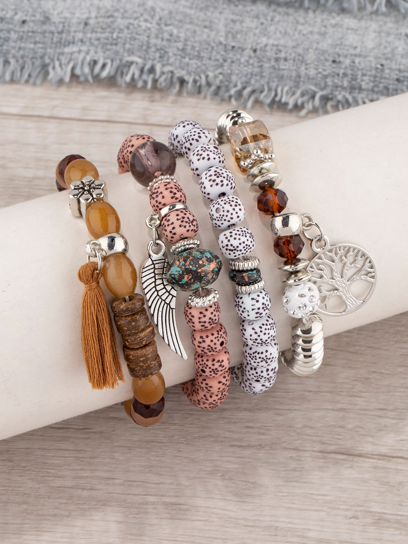 4 Piece Tree & Tassel Charm Beaded Bracelet