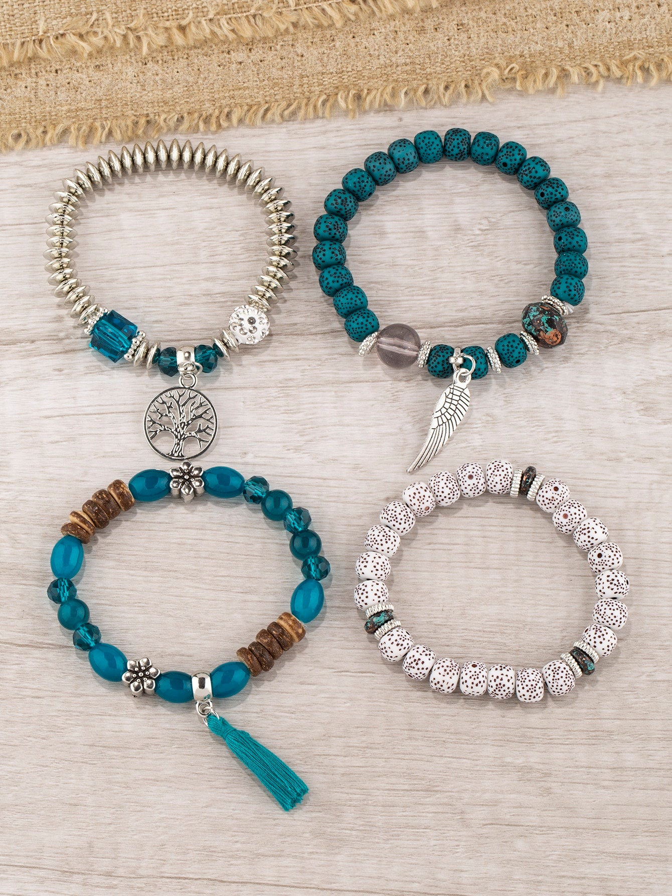4 Piece Tree & Tassel Charm Beaded Bracelet