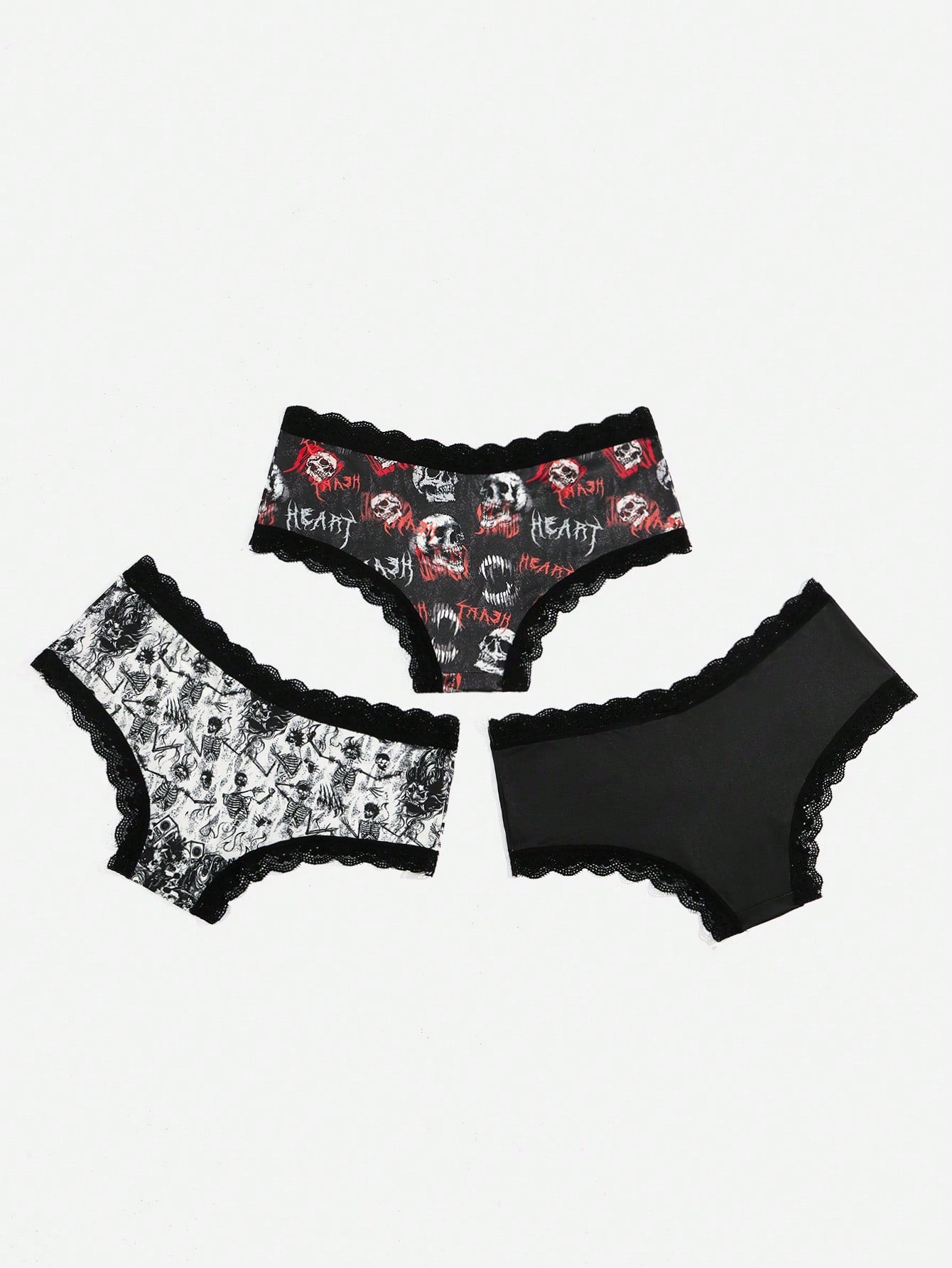 Conjunto de 3 braguitas de encaje en contraste con estampado de calavera gótico