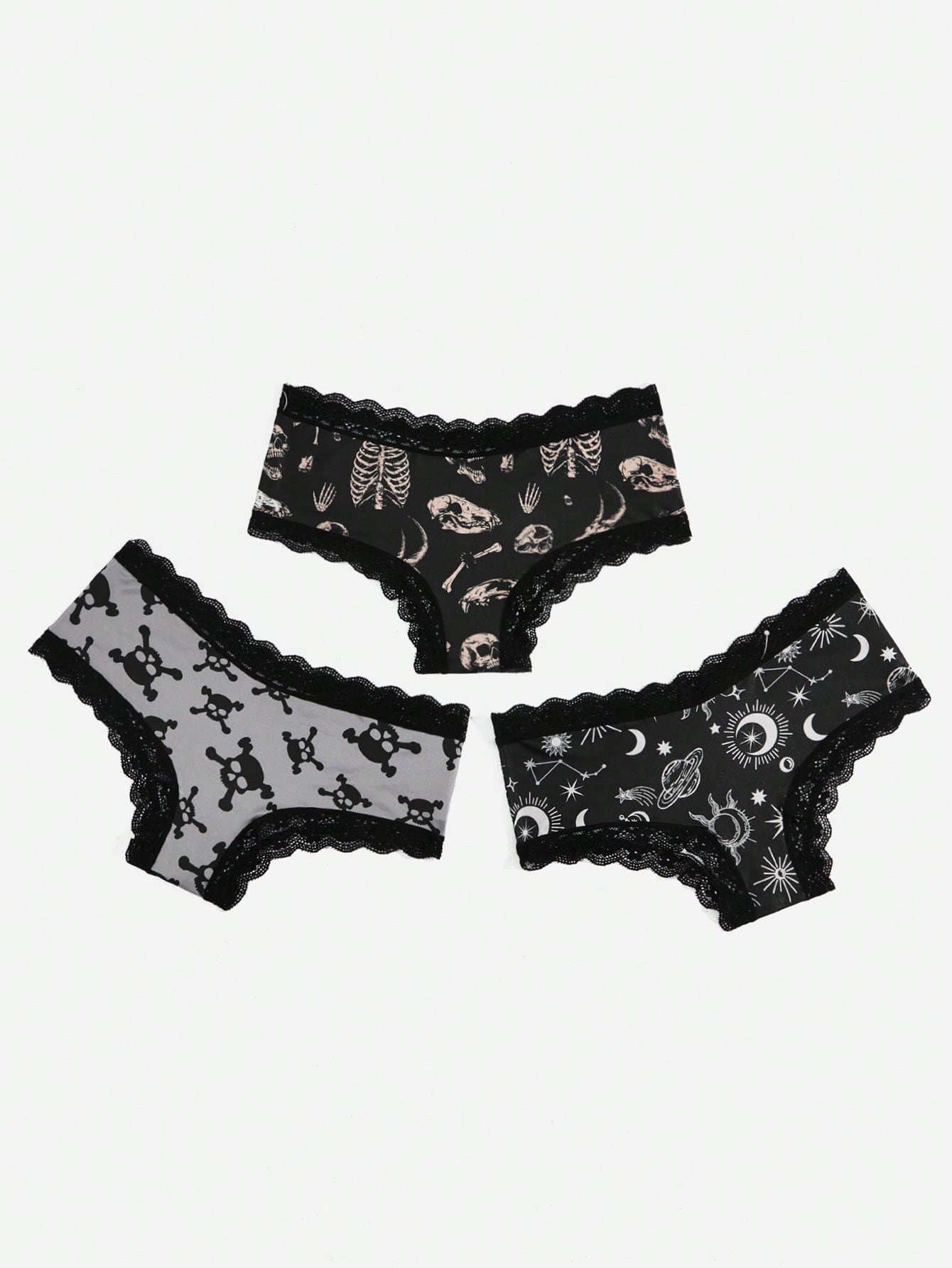 Conjunto de 3 braguitas de encaje en contraste con estampado de calavera gótico