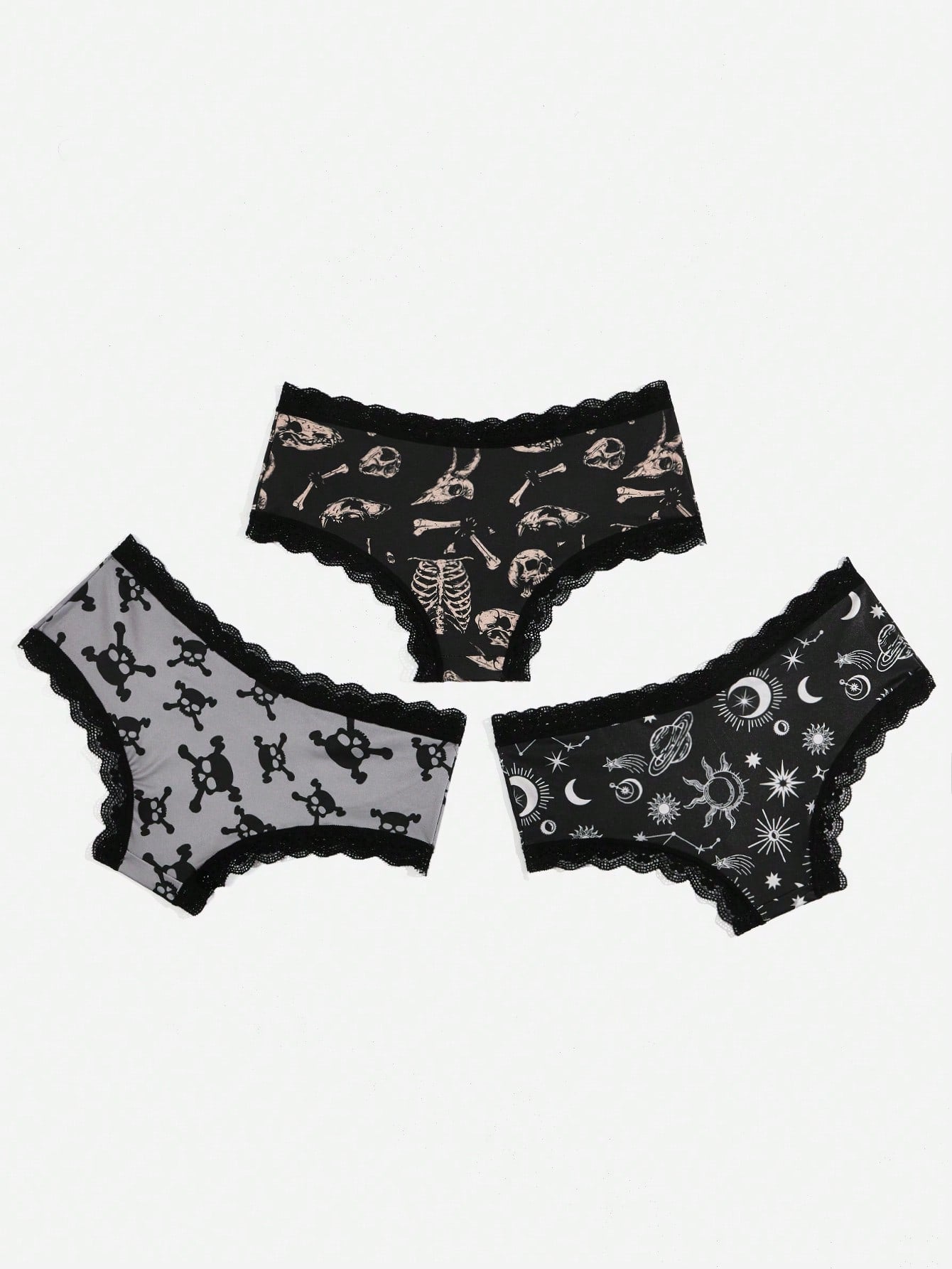 Conjunto de 3 braguitas de encaje en contraste con estampado de calavera gótico