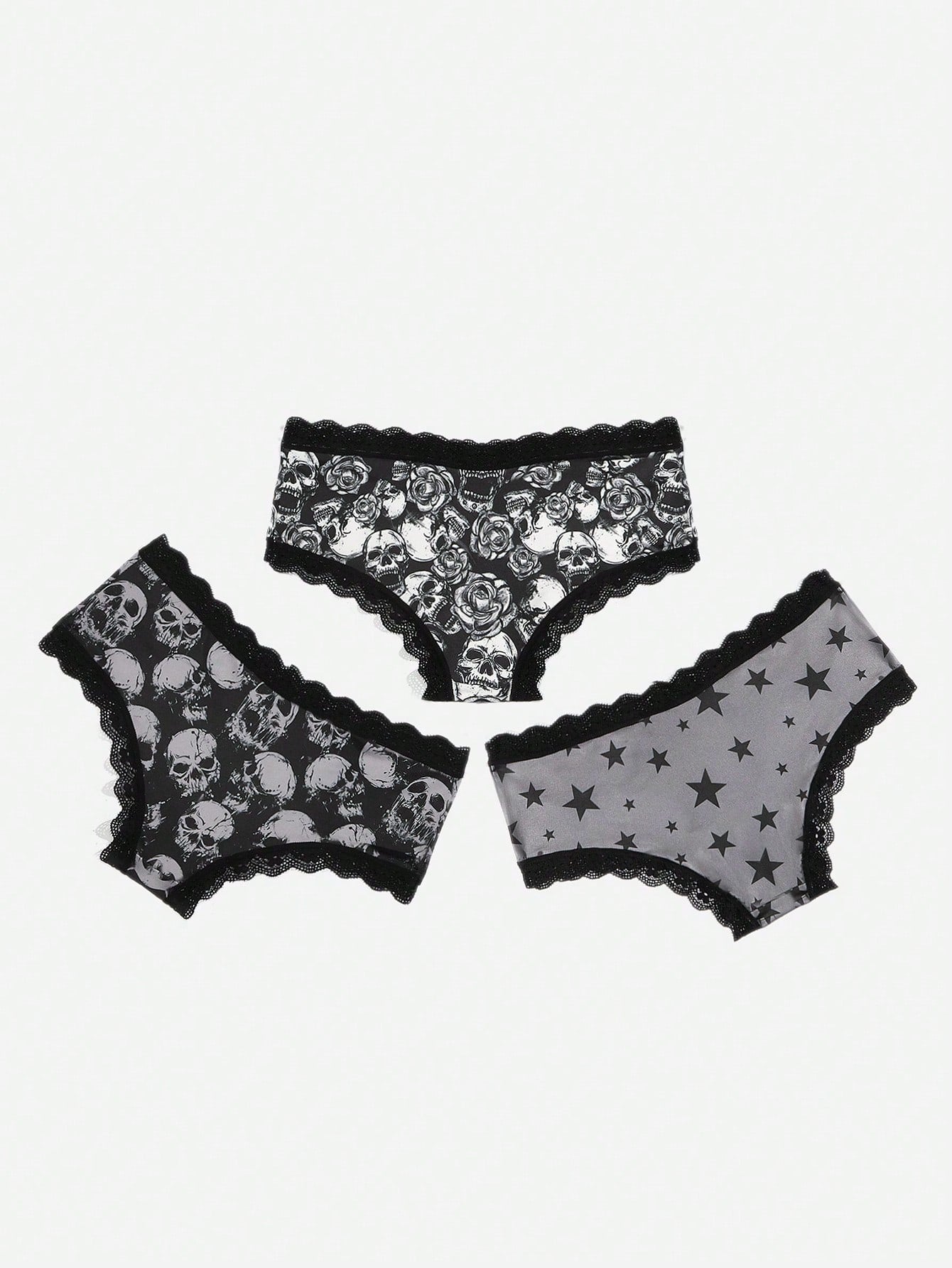 Conjunto de 3 braguitas de encaje en contraste con estampado de calavera gótico