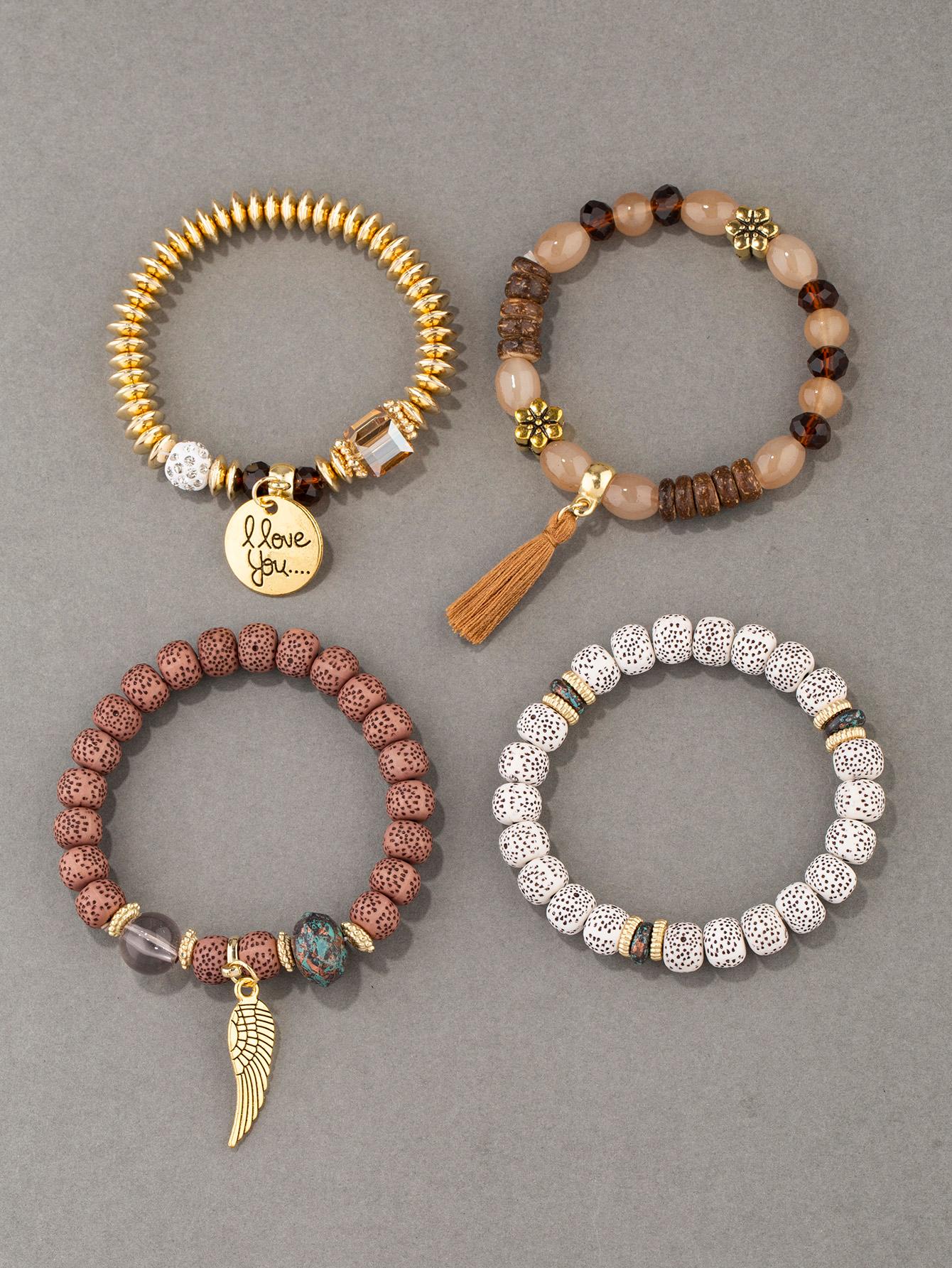 4 Piece Tree & Tassel Charm Beaded Bracelet