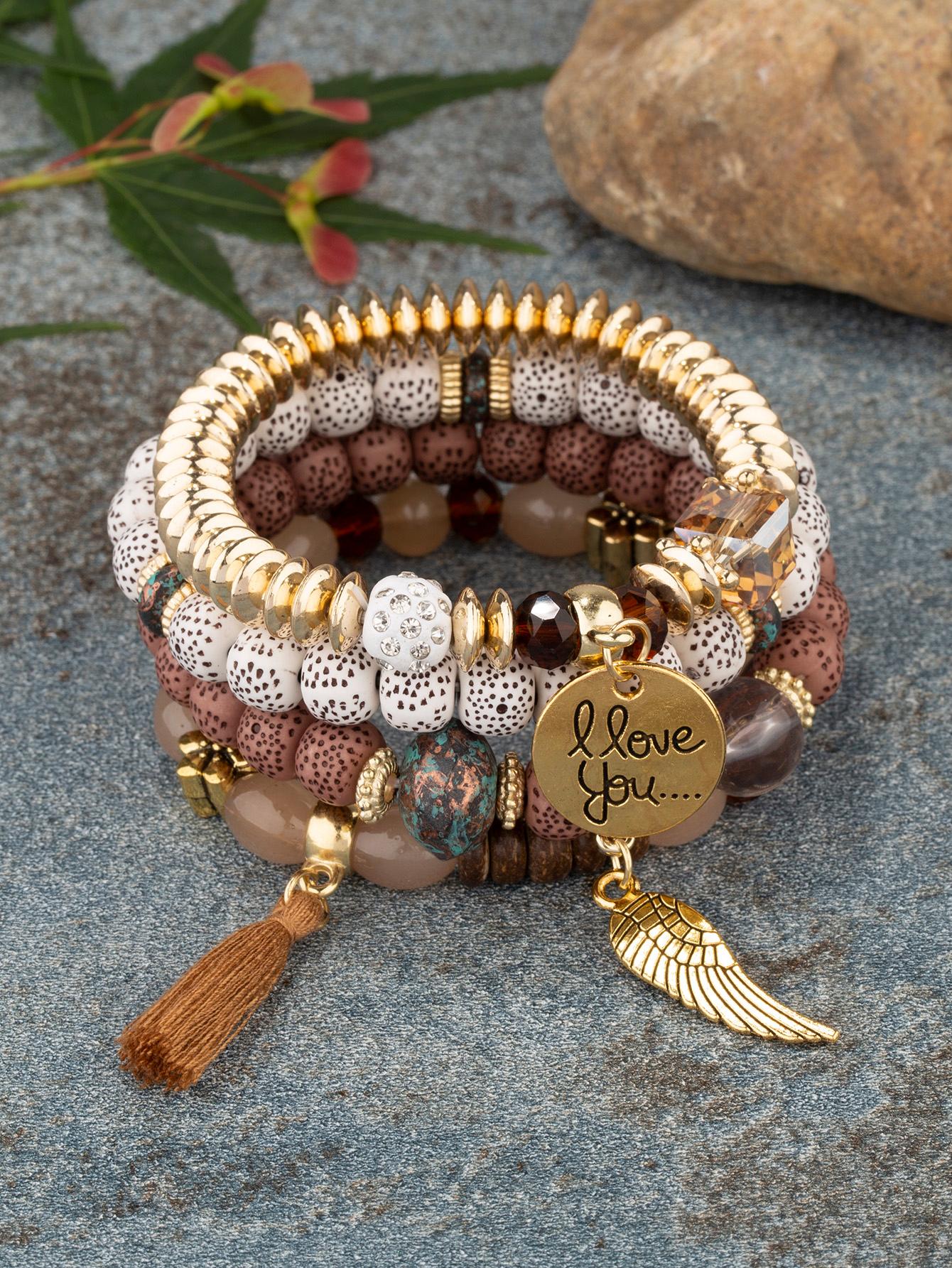 4 Piece Tree & Tassel Charm Beaded Bracelet