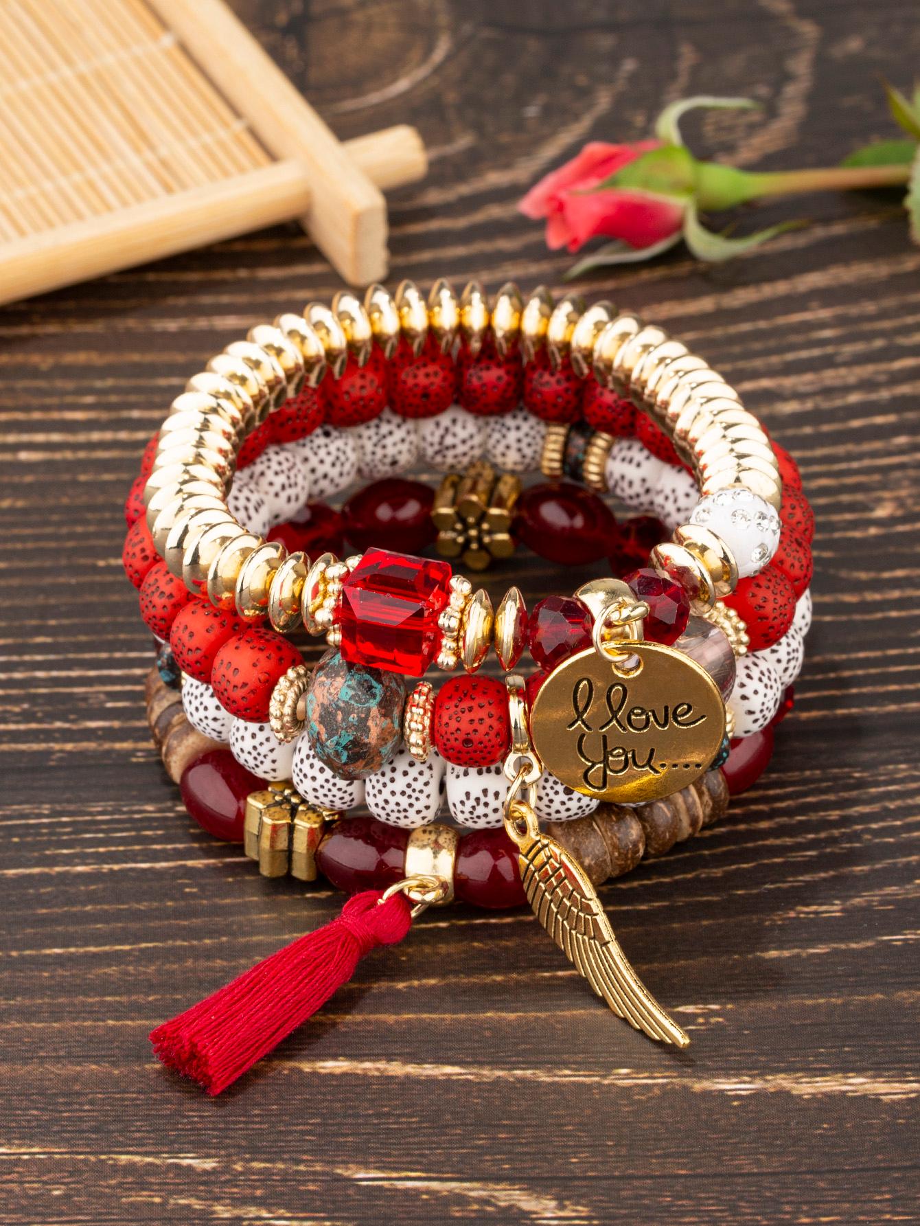 4 Piece Tree & Tassel Charm Beaded Bracelet