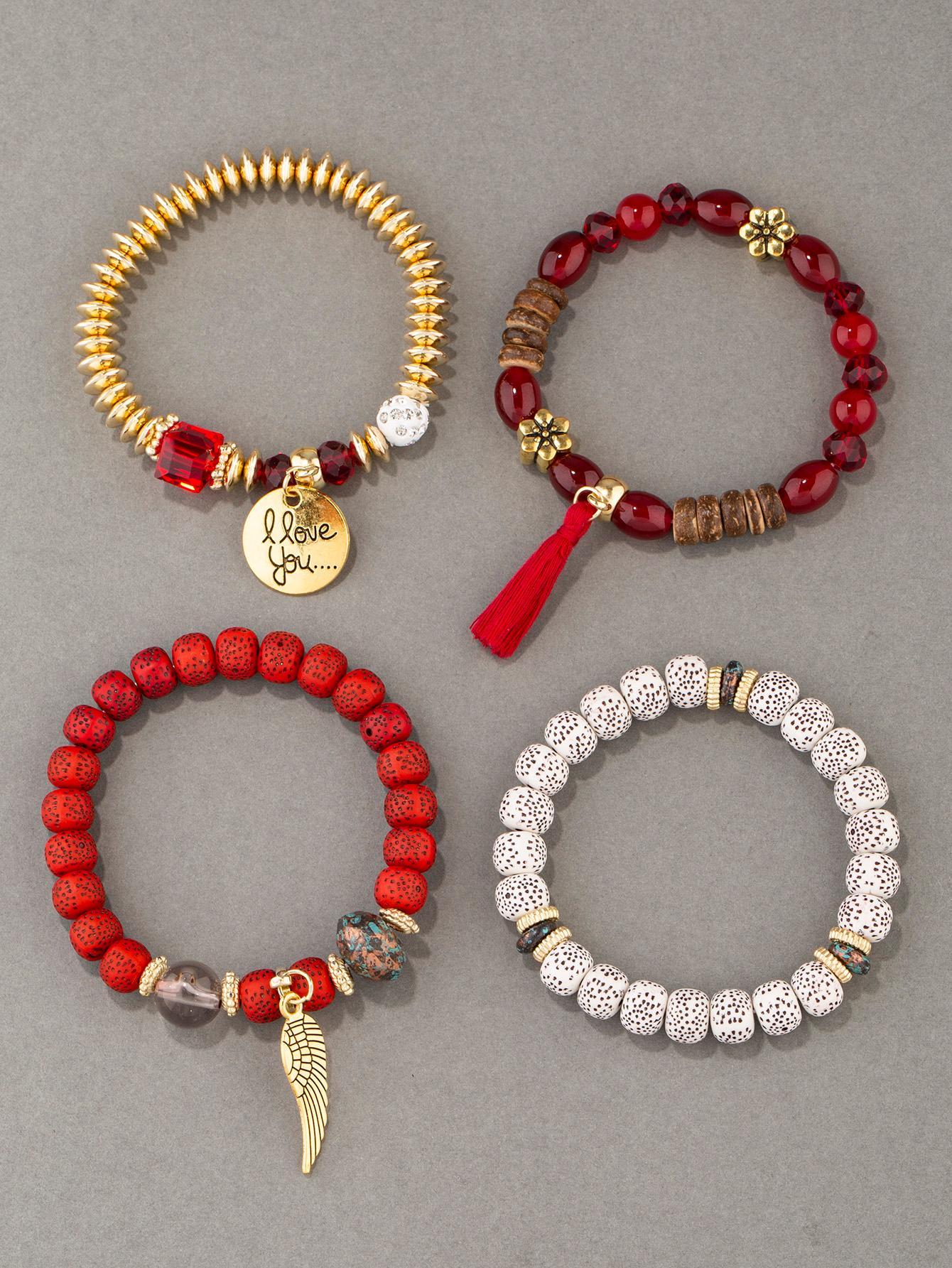4 Piece Tree & Tassel Charm Beaded Bracelet