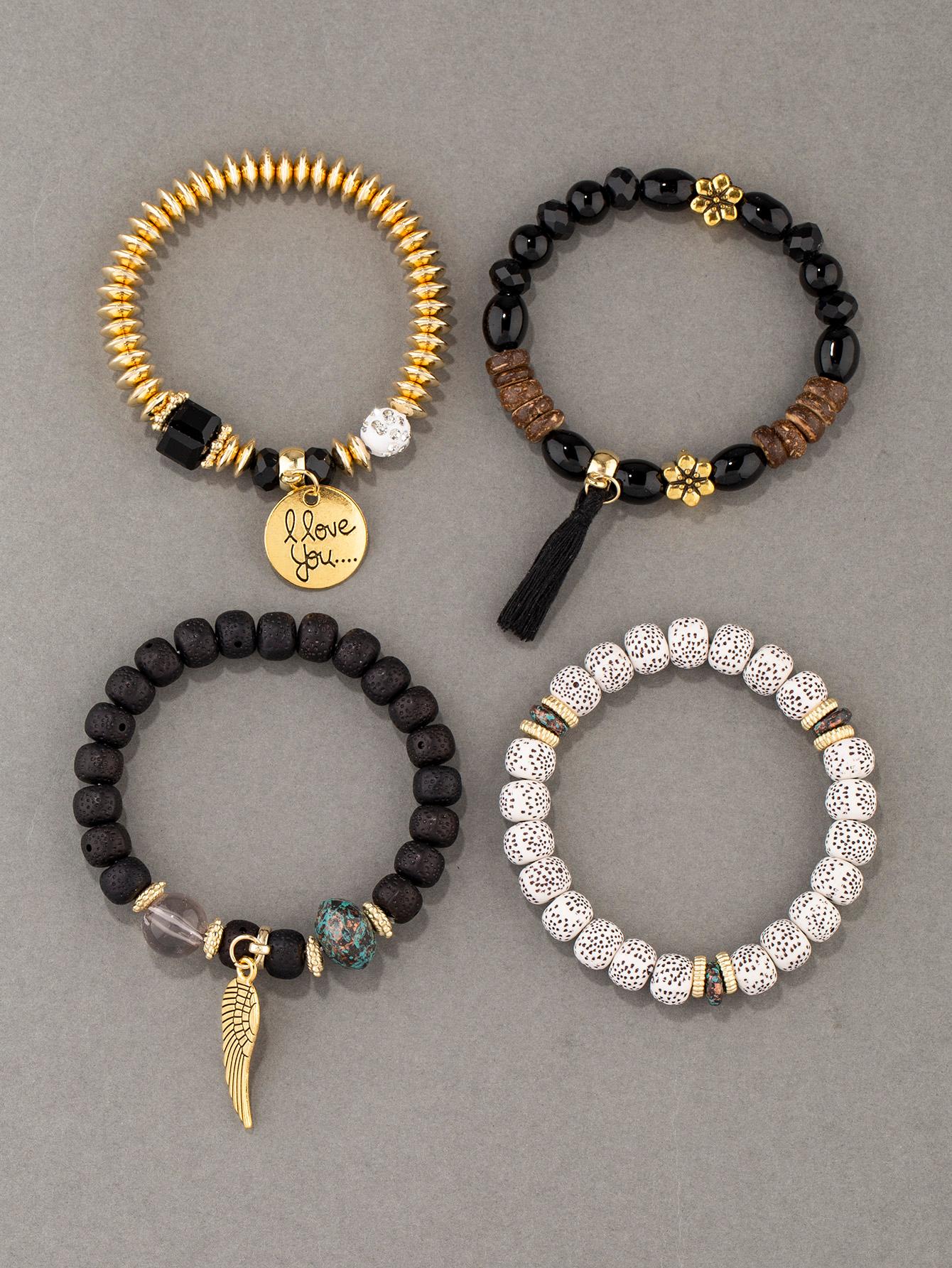 4 Piece Tree & Tassel Charm Beaded Bracelet
