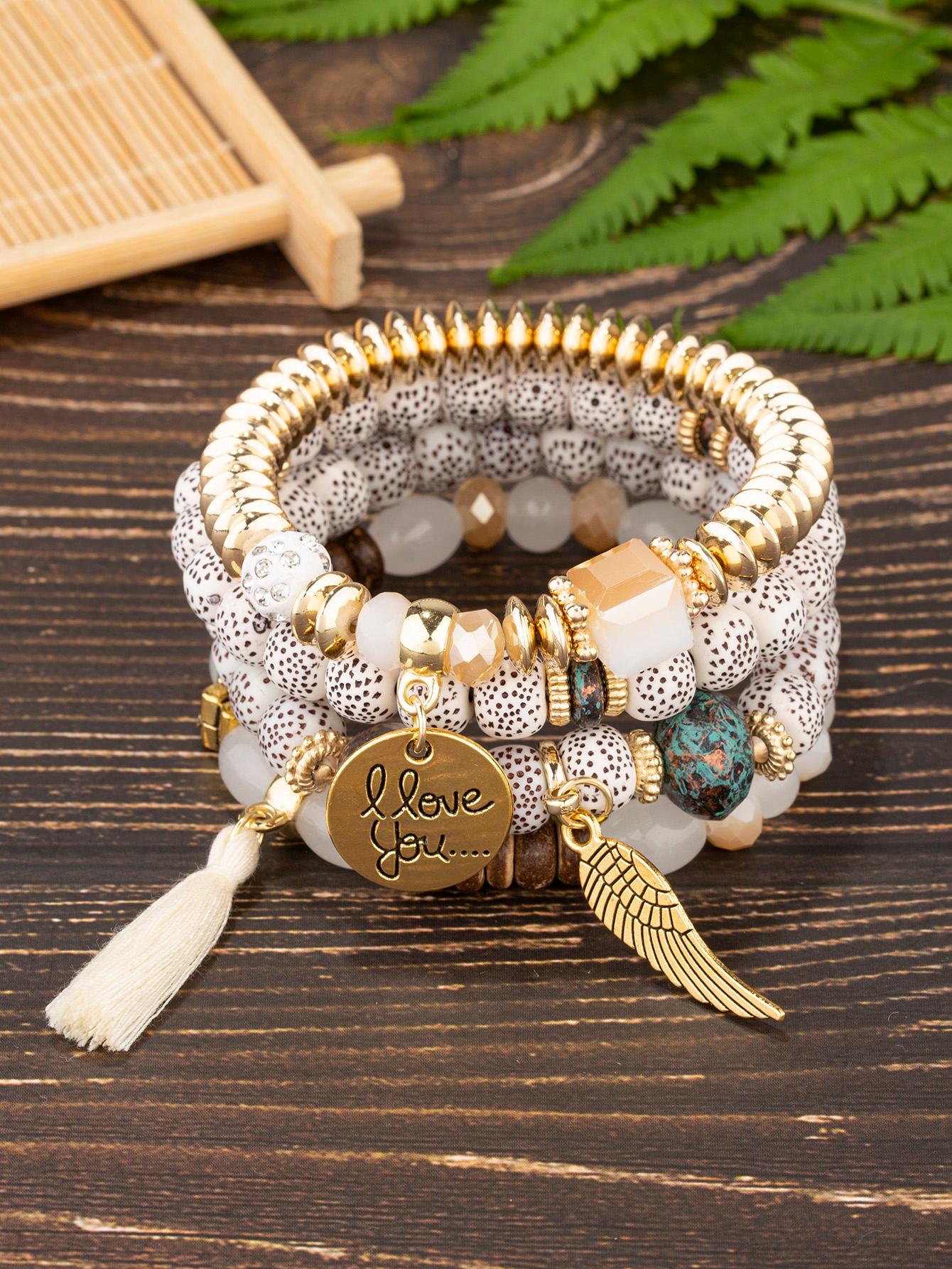 4 Piece Tree & Tassel Charm Beaded Bracelet