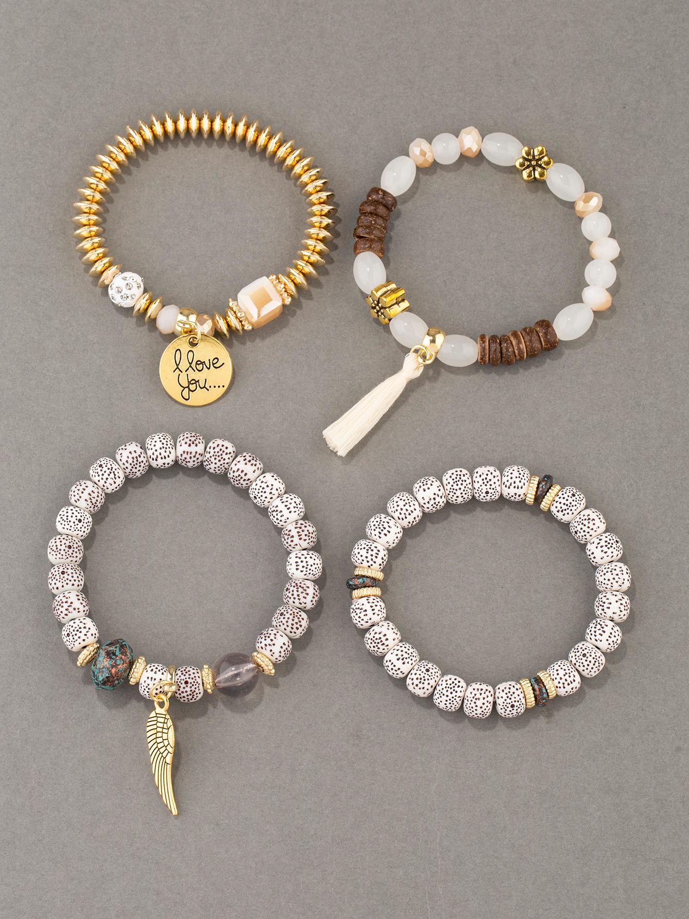4 Piece Tree & Tassel Charm Beaded Bracelet