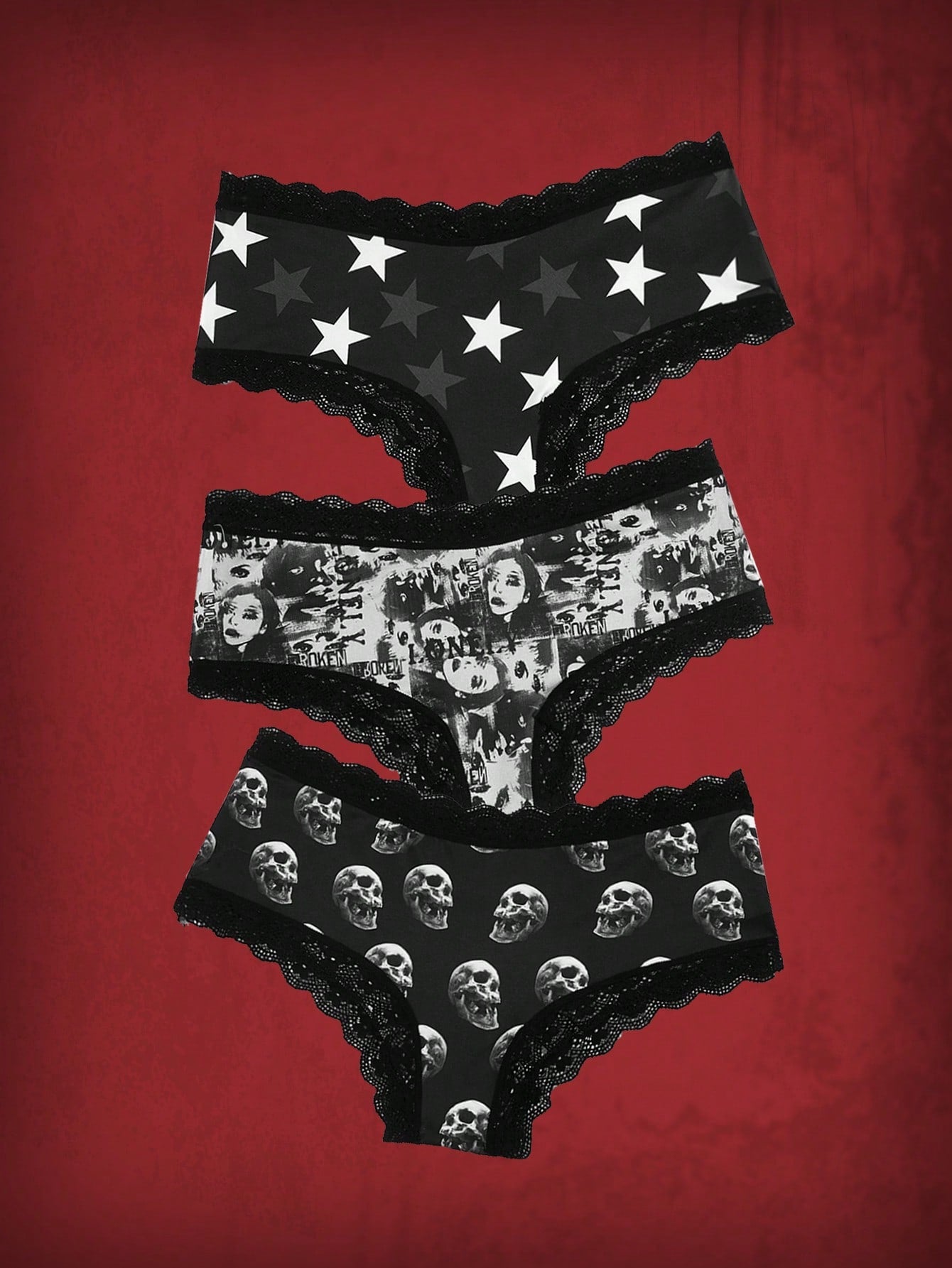Conjunto de 3 braguitas de encaje en contraste con estampado de calavera gótico