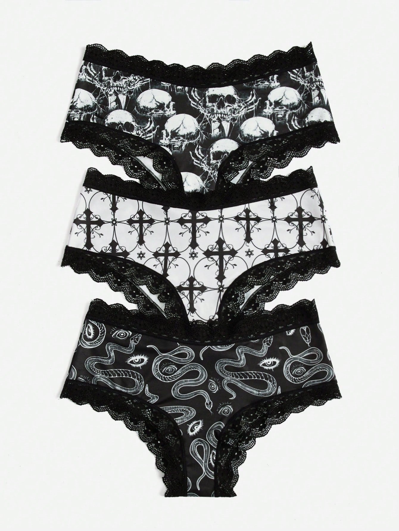 Conjunto de 3 braguitas de encaje en contraste con estampado de calavera gótico