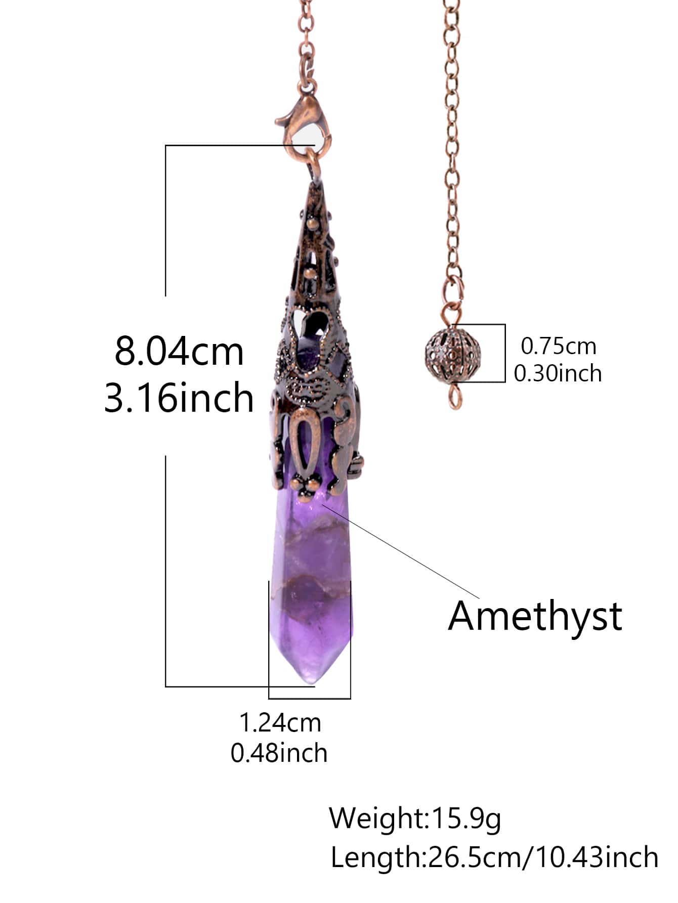 Vintage Hexagonal Pointed Natural Stone Amethyst Pendant Crystal Pendulum