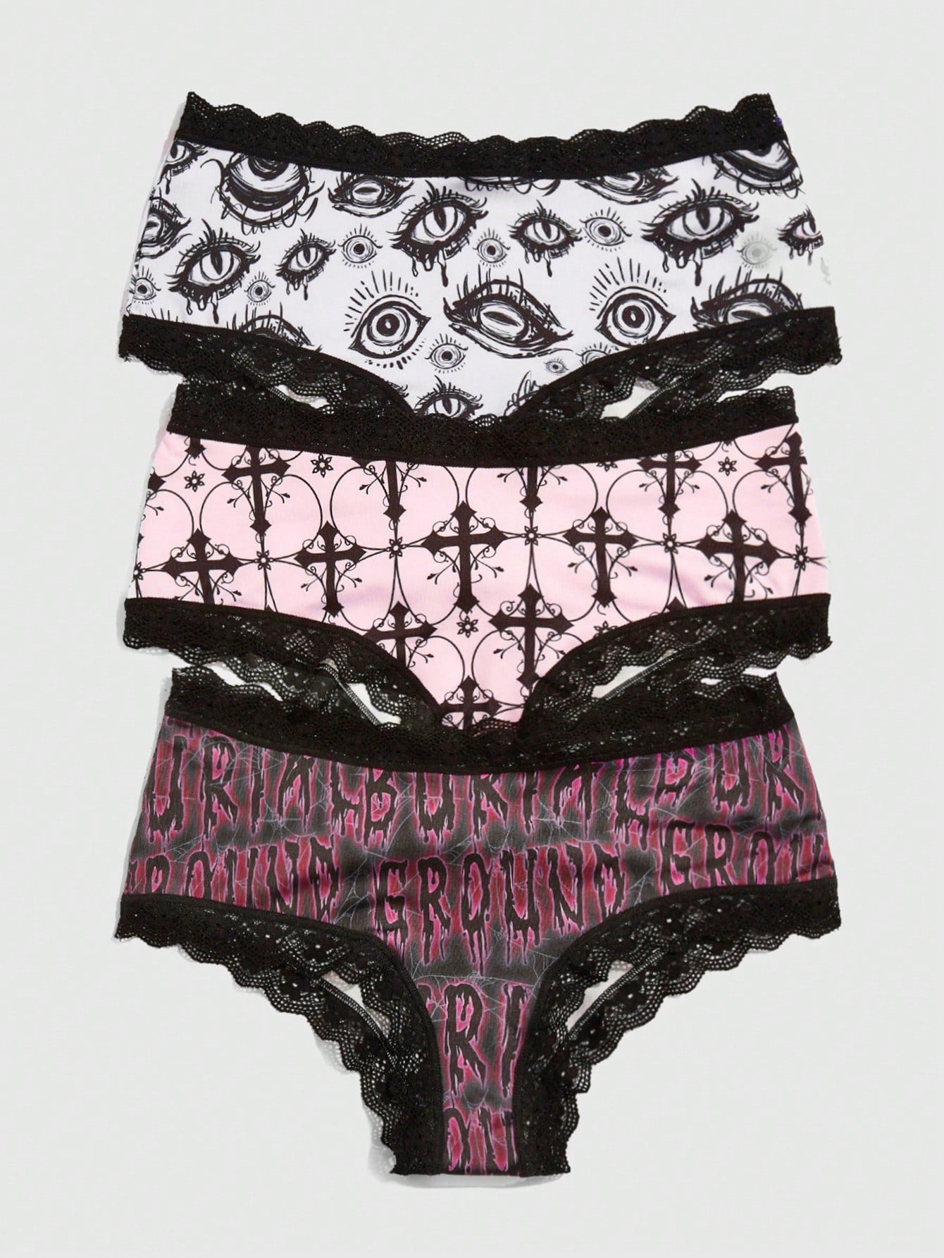 Conjunto de 3 braguitas de encaje en contraste con estampado de calavera gótico