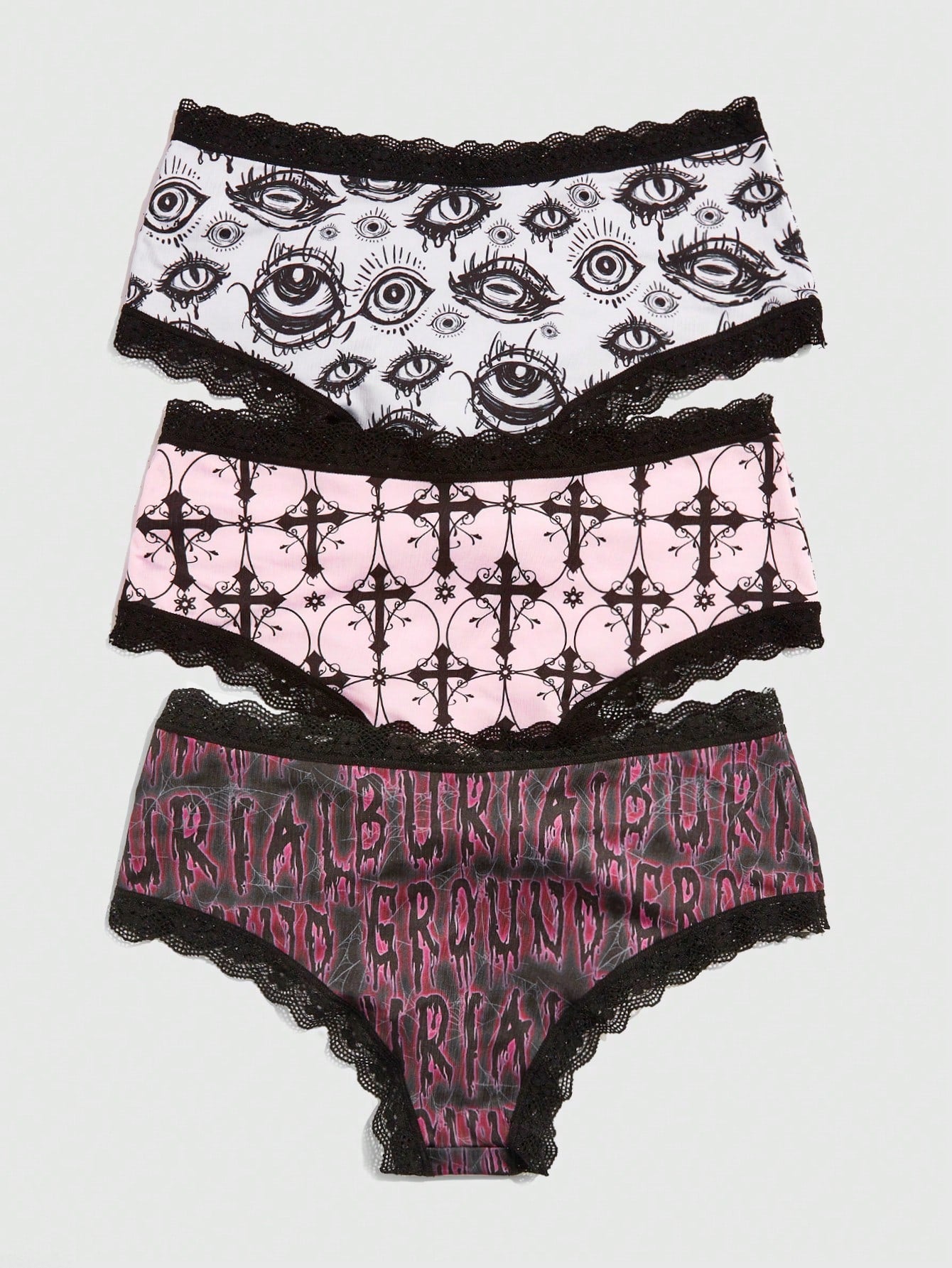Conjunto de 3 braguitas de encaje en contraste con estampado de calavera gótico