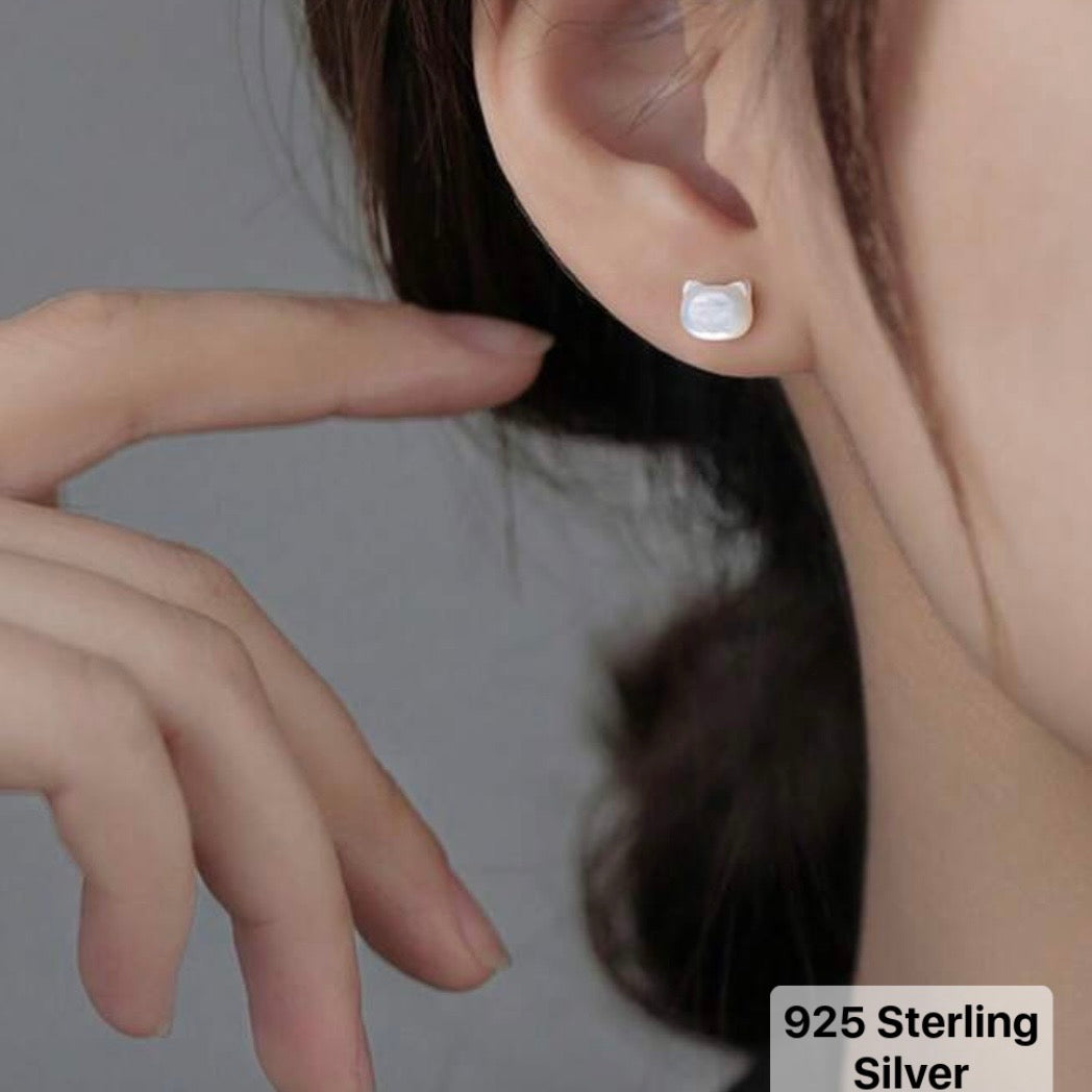 Tiny Cat Studs- White or Black- Sterling Silver