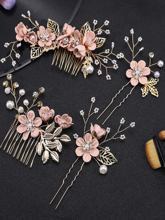 Flower & Rhinestone Decor Hair Pin & Hair Comb Boho 2pc