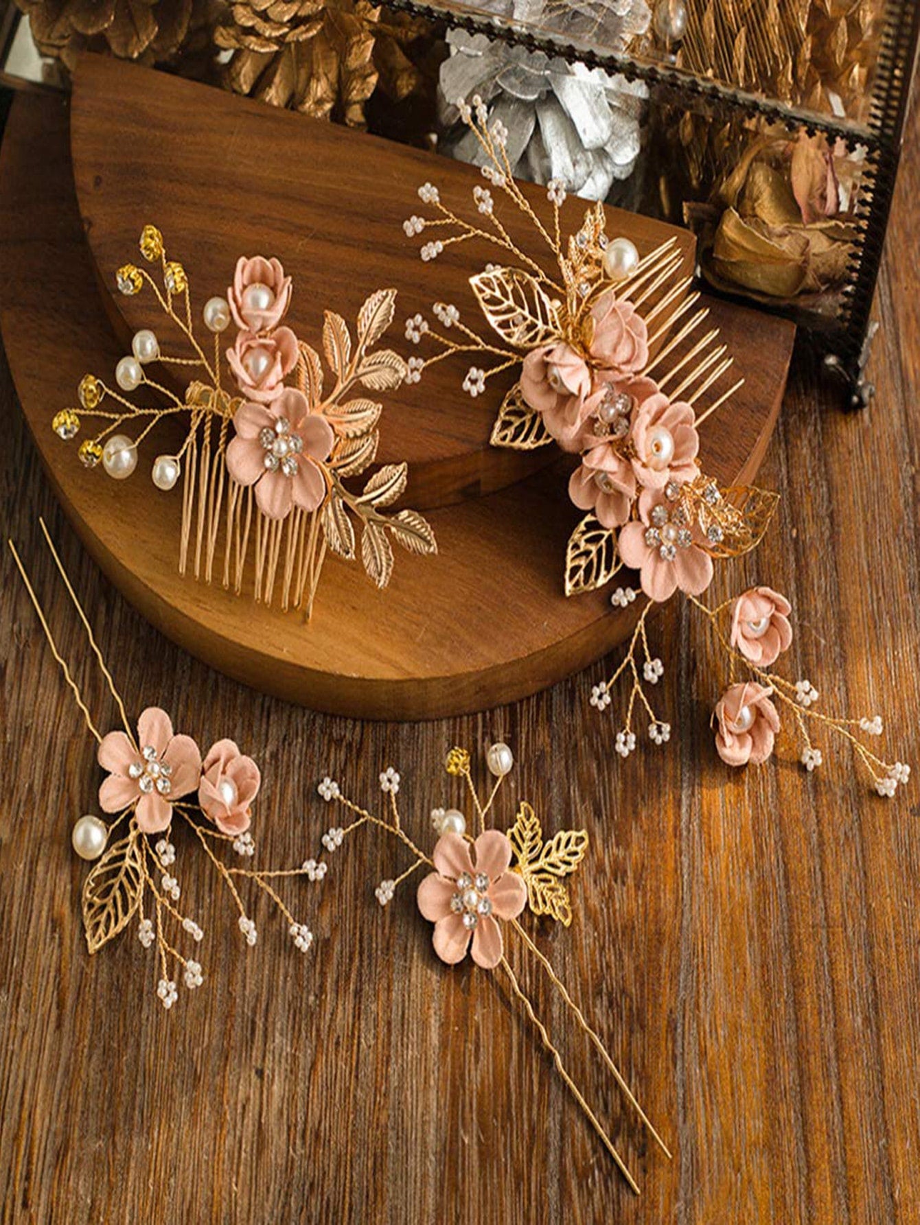 Flower & Rhinestone Decor Hair Pin & Hair Comb Boho 2pc