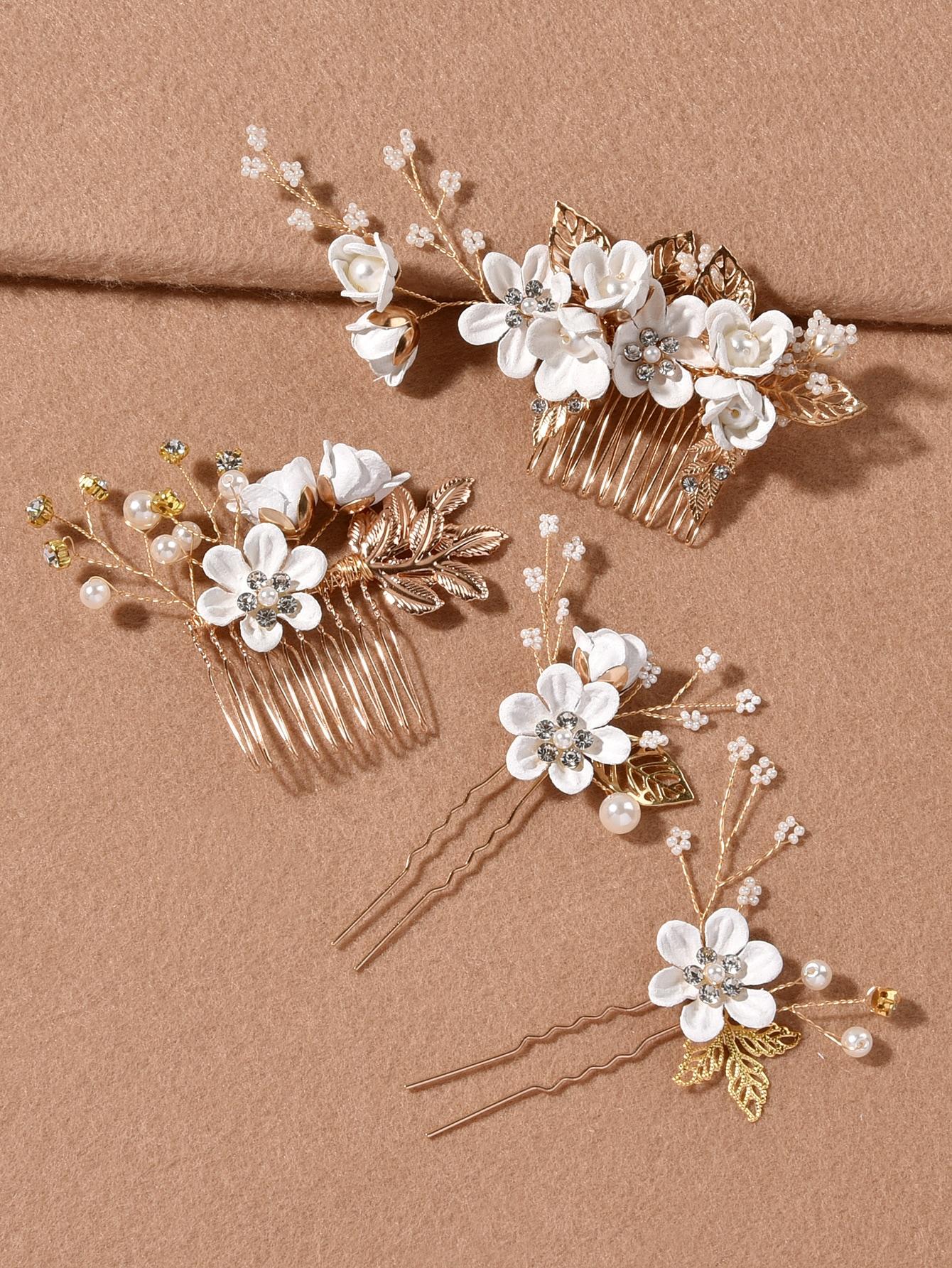 Flower & Rhinestone Decor Hair Pin & Hair Comb Boho 2pc