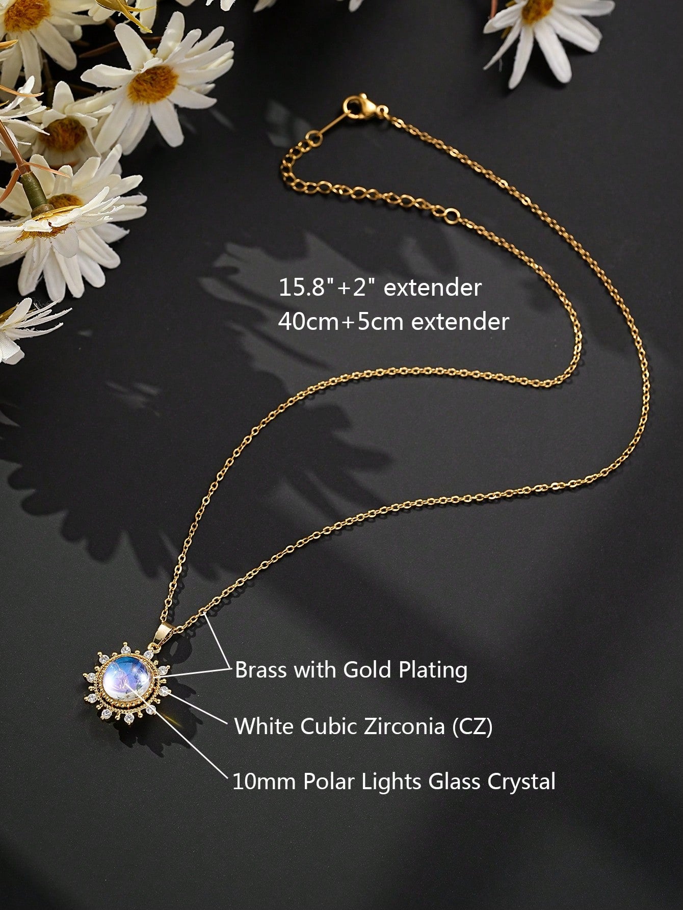 Crystal Sunflower Pendant Necklace Imitation Moonstone (Polar Lights Glass) Necklace