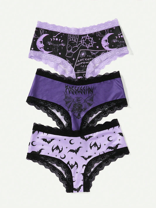 Goth Women's Bat Star And Moon Printed Lace-Trimmed Triangle Panties