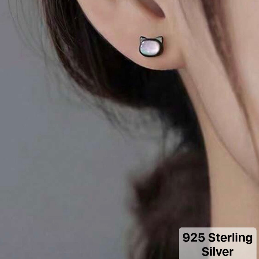 Tiny Cat Studs- White or Black- Sterling Silver
