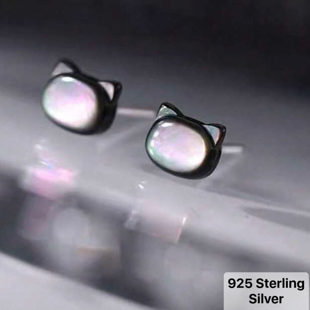 Tiny Cat Studs- White or Black- Sterling Silver
