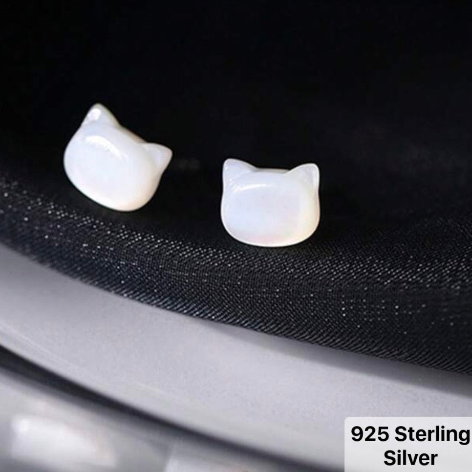 Tiny Cat Studs- White or Black- Sterling Silver