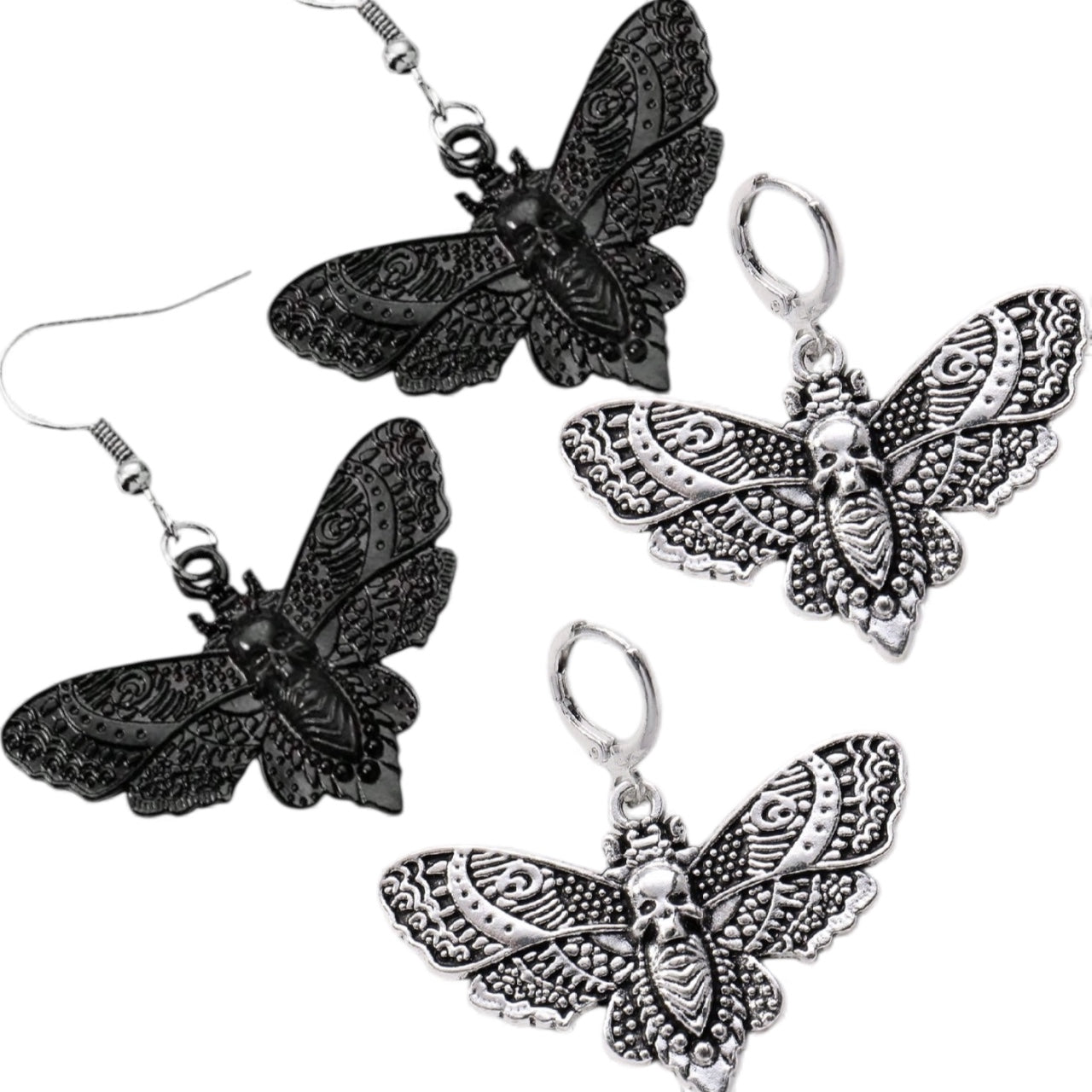 Gothic Black Moth & Skull Head Earrings