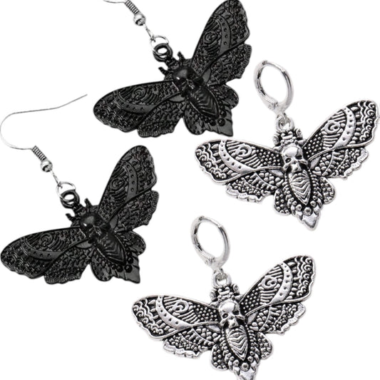 Gothic Black Moth & Skull Head Earrings