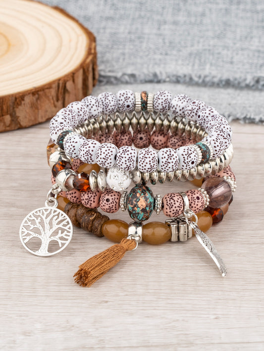 4 Piece Tree & Tassel Charm Beaded Bracelet