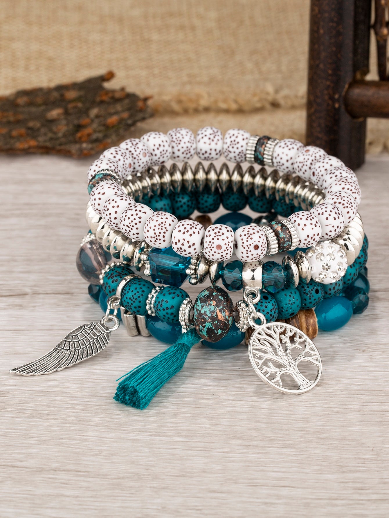 4 Piece Tree & Tassel Charm Beaded Bracelet