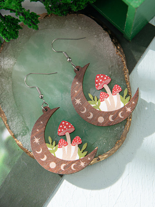 Wooden Mushroom Moon Drop Earrings