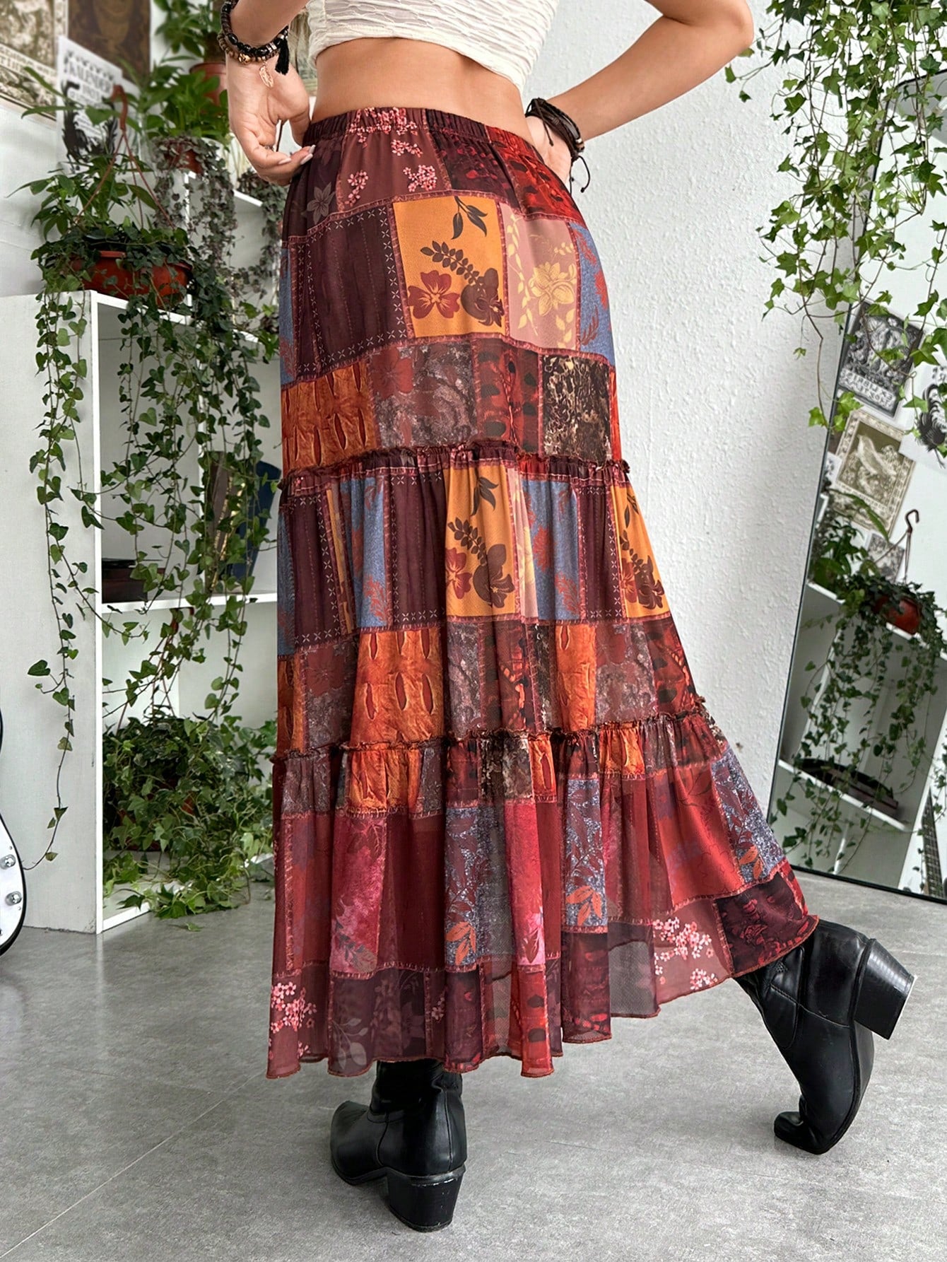 Hippie Grunge Patchwork Print Layered Hem Skirt