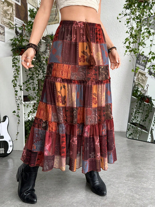 Hippie Grunge Patchwork Print Layered Hem Skirt