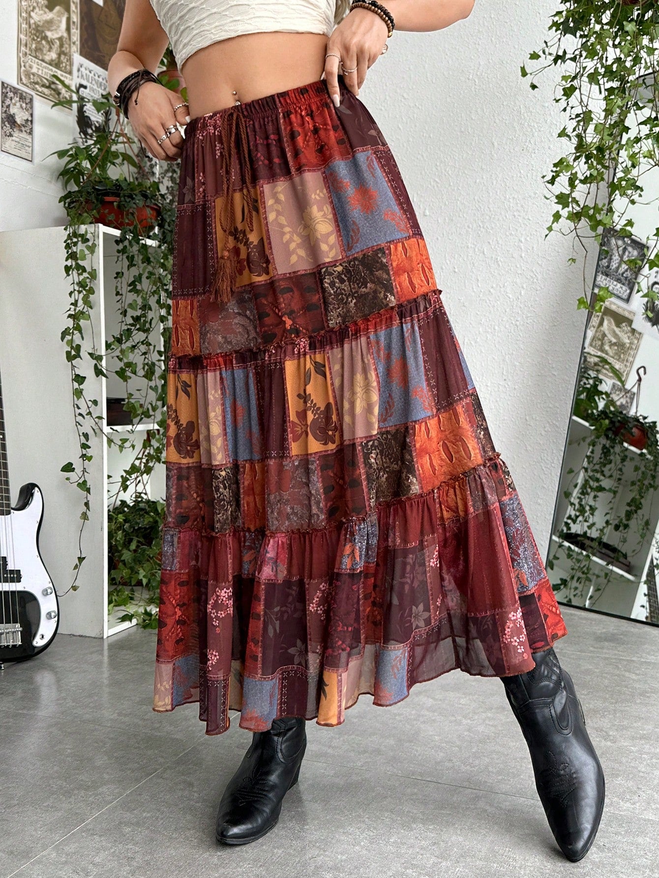 Hippie Grunge Patchwork Print Layered Hem Skirt