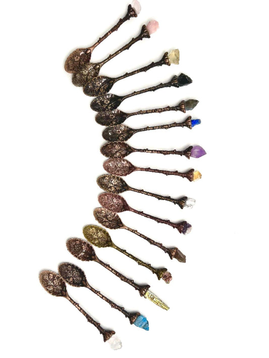 Natural Crystal Raw Gemstone Vintage Carved Stirring Coffee Spoon 1pc