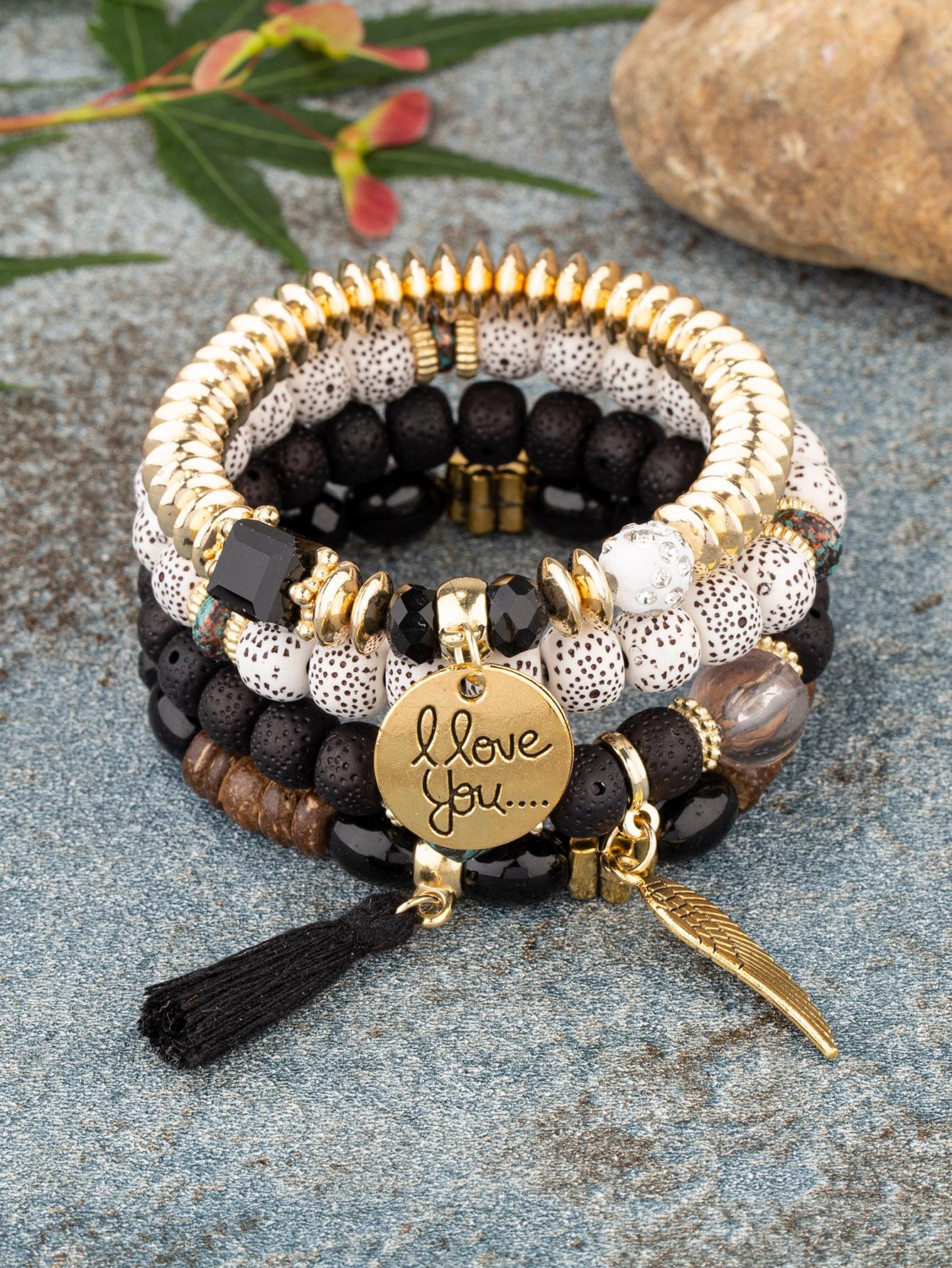 4 Piece Tree & Tassel Charm Beaded Bracelet