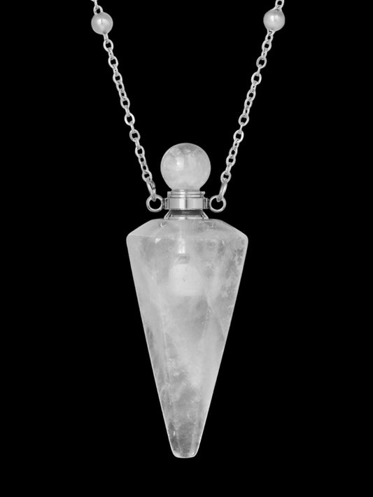 Natural Stone  Clear Quartz Crystal Vial Necklace •Perfume Bottle •Essentials Oil Diffuser