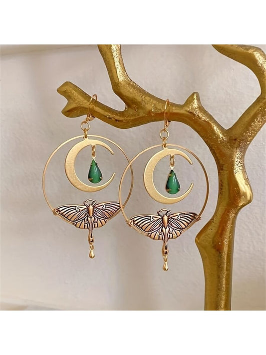Bohemian Moth Crescent Moon Drop Earrings
