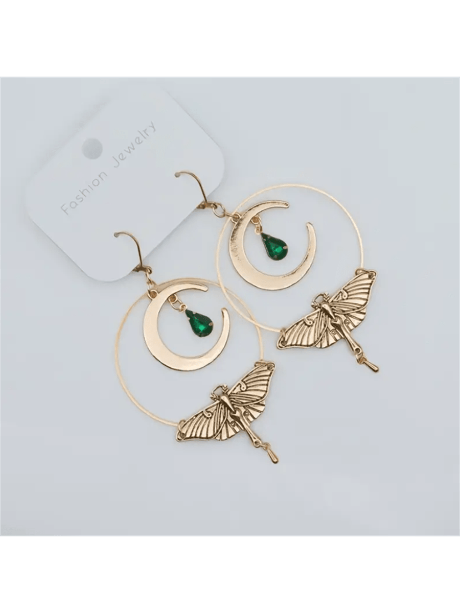 Bohemian Moth Crescent Moon Drop Earrings