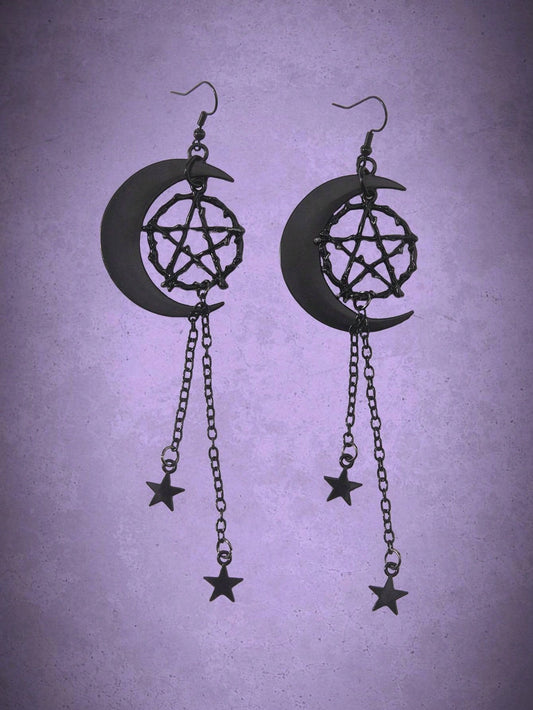 Goth Moon & Star Decor Drop Earrings
