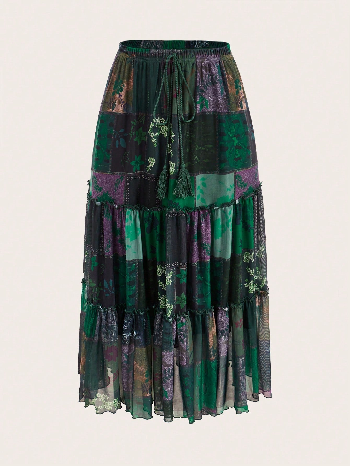Hippie Grunge Patchwork Print Layered Hem Skirt