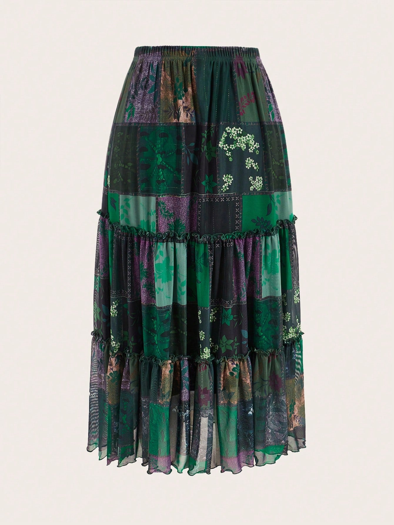 Hippie Grunge Patchwork Print Layered Hem Skirt